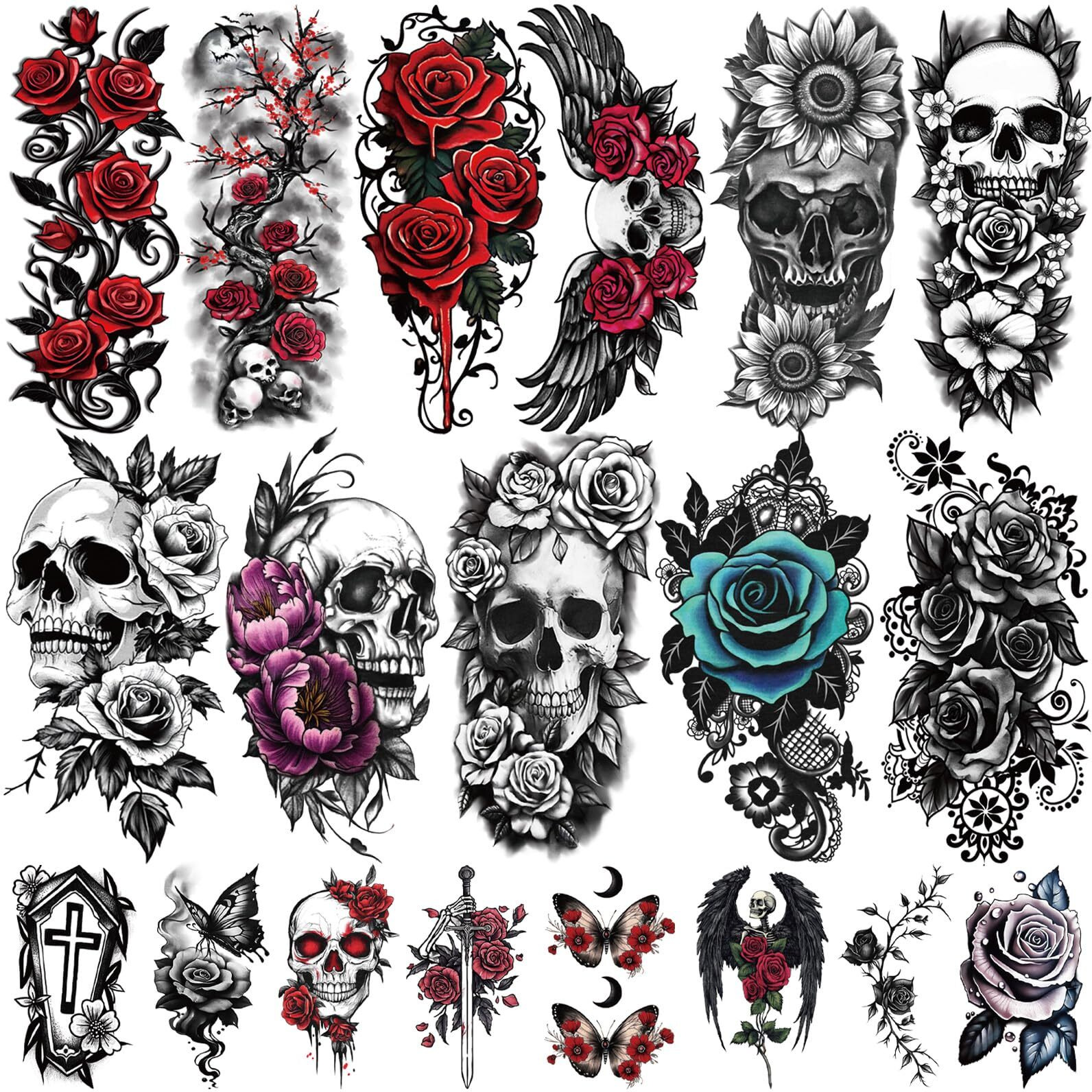 77 Sheets Skull Flower Realistic Temporary Tattoos For Women Men Adult, Large Rose Bones & Flowers Floral Fake Tattoos Girl, Skeleton And Spooky Halloween Temp Tatoo Sticker Thigh Back Leg Body Art