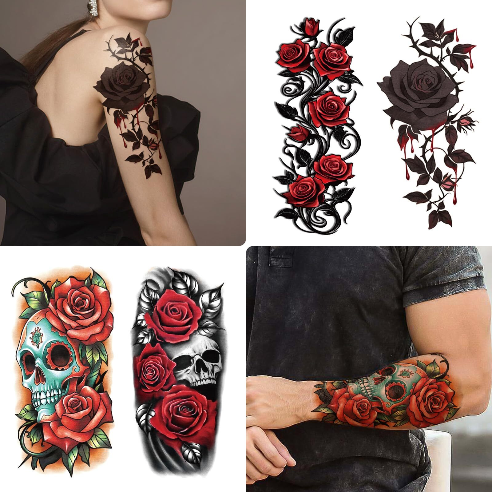 77 Sheets Skull Flower Realistic Temporary Tattoos For Women Men Adult, Large Rose Bones & Flowers Floral Fake Tattoos Girl, Skeleton And Spooky Halloween Temp Tatoo Sticker Thigh Back Leg Body Art