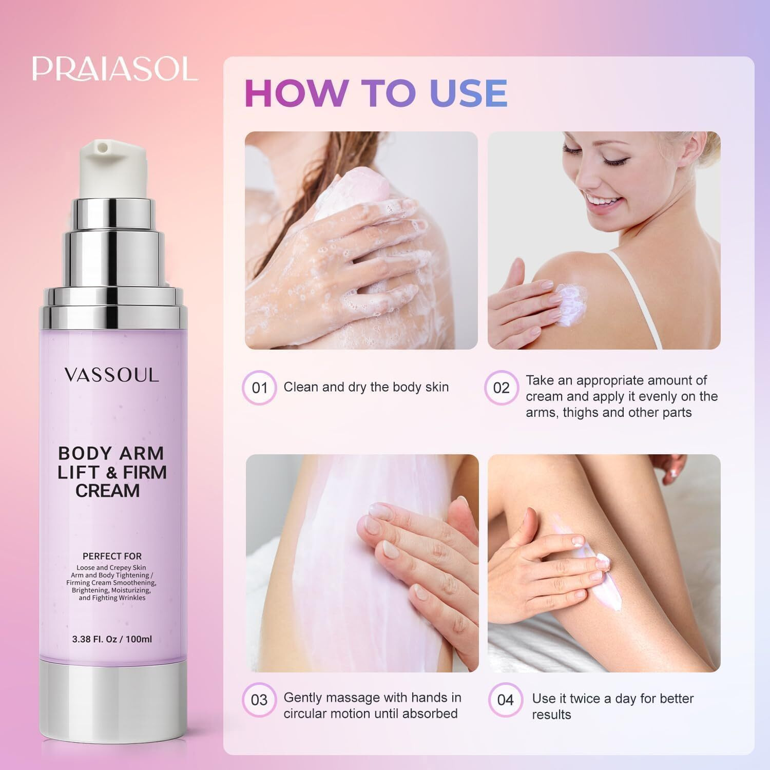 Vassoul Lift And Firm Arm Cream  Skin Tightening Cream For Body - Firms Loose Skin, Reduces Cellulite On Arms, Thighs & Butt - 100Ml