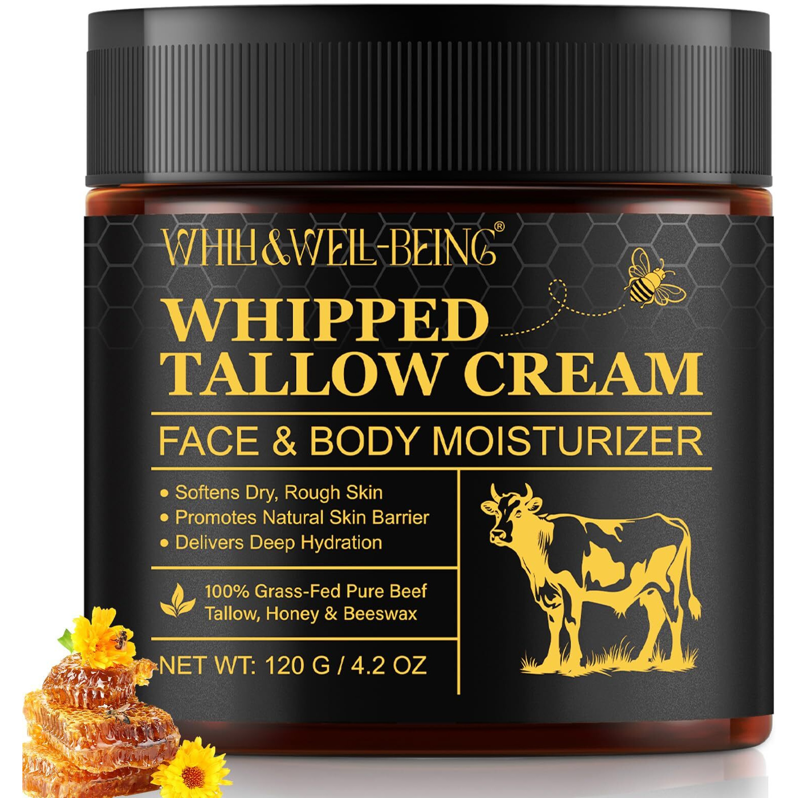 Whlh & Well-Being Beef Tallow For Skin, Beef Tallow And Honey Balm, Moisturizer For Face & Body Skin Care(1Pack) 119G