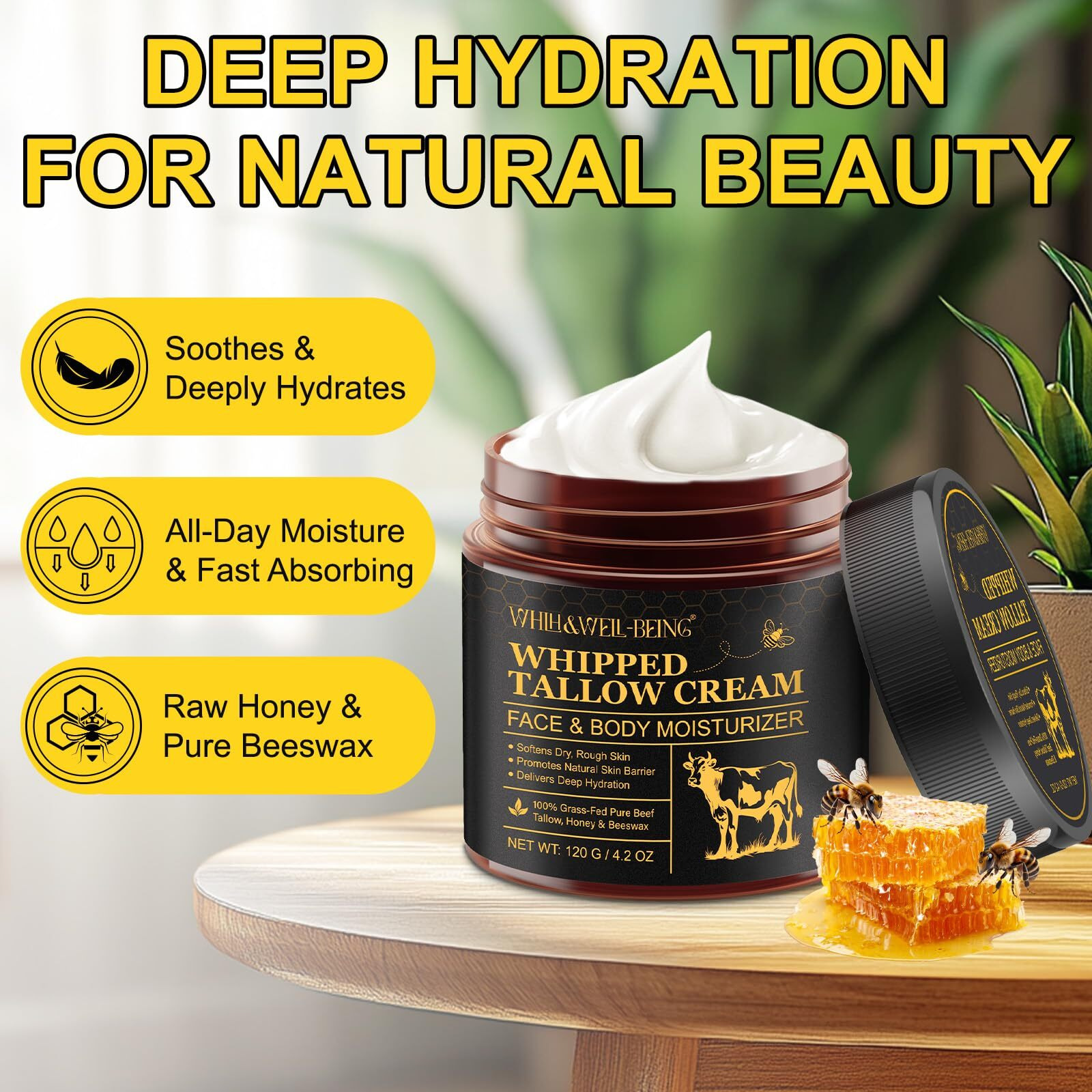 Whlh & Well-Being Beef Tallow For Skin, Beef Tallow And Honey Balm, Moisturizer For Face & Body Skin Care(1Pack) 119G