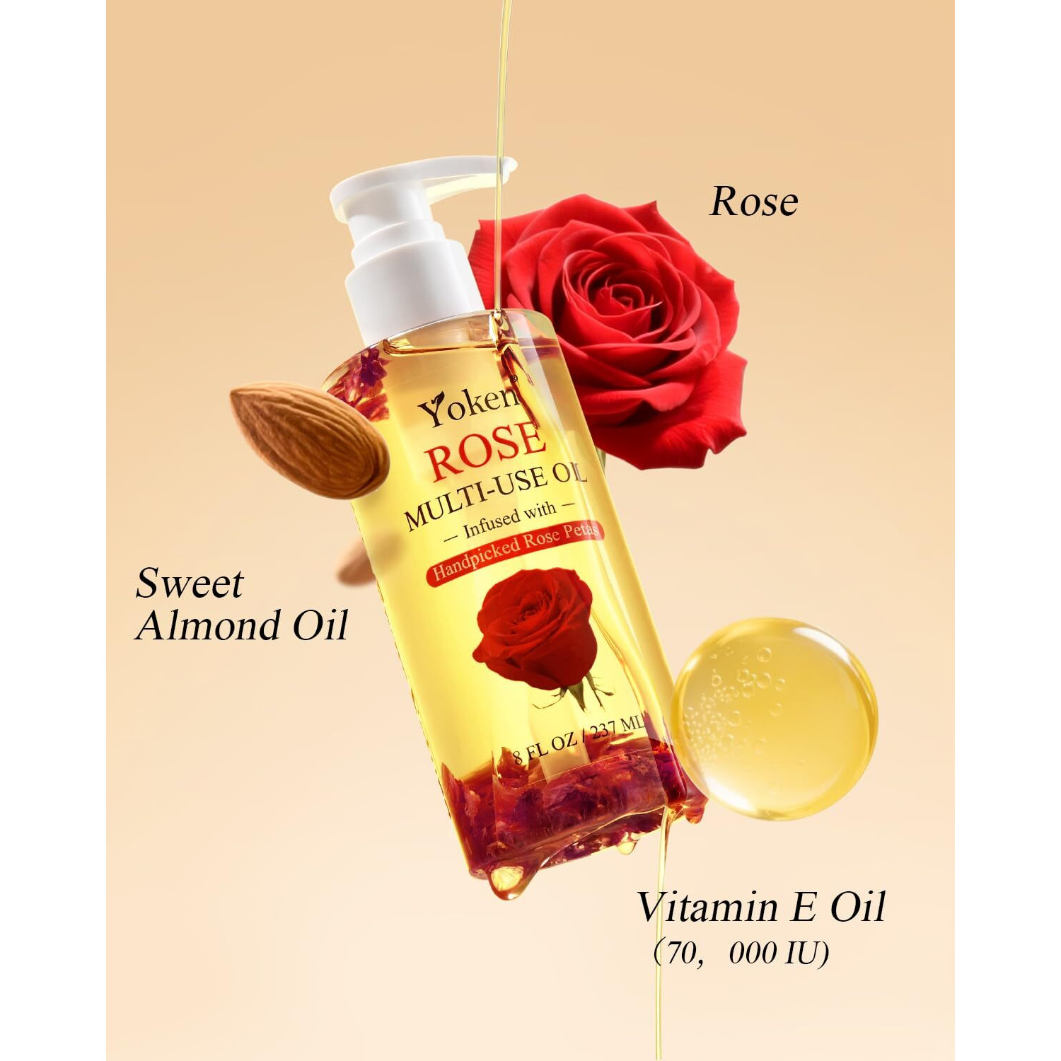 Yoken Multi-Used Body Oil For Skin,Face,Hair And Nails,Multi Purpose Organic Oil With Rose Petals,Vitamin E & Almond Oil Nourishing & Hydrating,Body Oil For Moisture & Skin After Bath Oil,8 Fl Oz