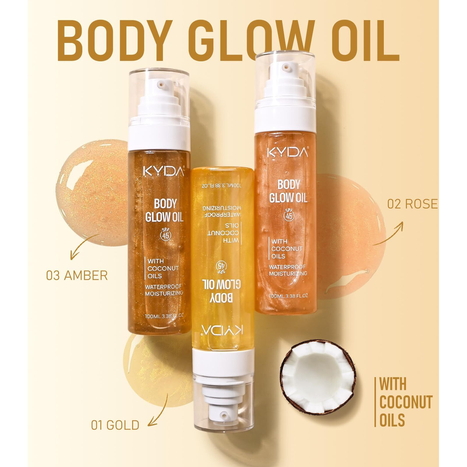 Sunscreen Body Glow Oil, Broad Spectrum Spf 45, Lightweight Water Resistant Shimmering Body Oil With Gold Mica, Non-Sticky Glow Moisturizer With Coconut-Amber, 3.38 Fl Oz