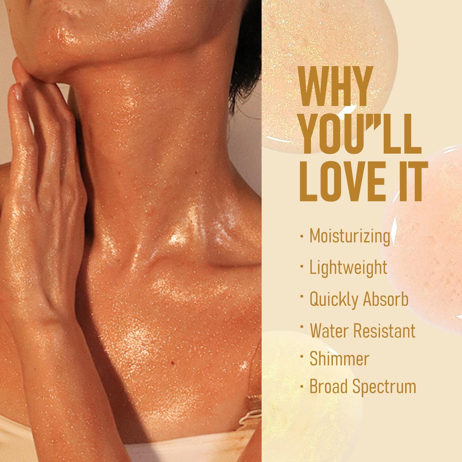 Sunscreen Body Glow Oil, Broad Spectrum Spf 45, Lightweight Water Resistant Shimmering Body Oil With Gold Mica, Non-Sticky Glow Moisturizer With Coconut-Amber, 3.38 Fl Oz