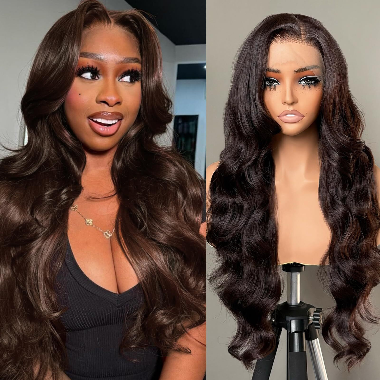 Fab  Lle Chocolate Brown Body Wave Lace Front Wigs Synthetic Wig 13  6 Transparent Lace Front Wig 26Inch Free Part Pre Plucked Hairline Glueless Wigs