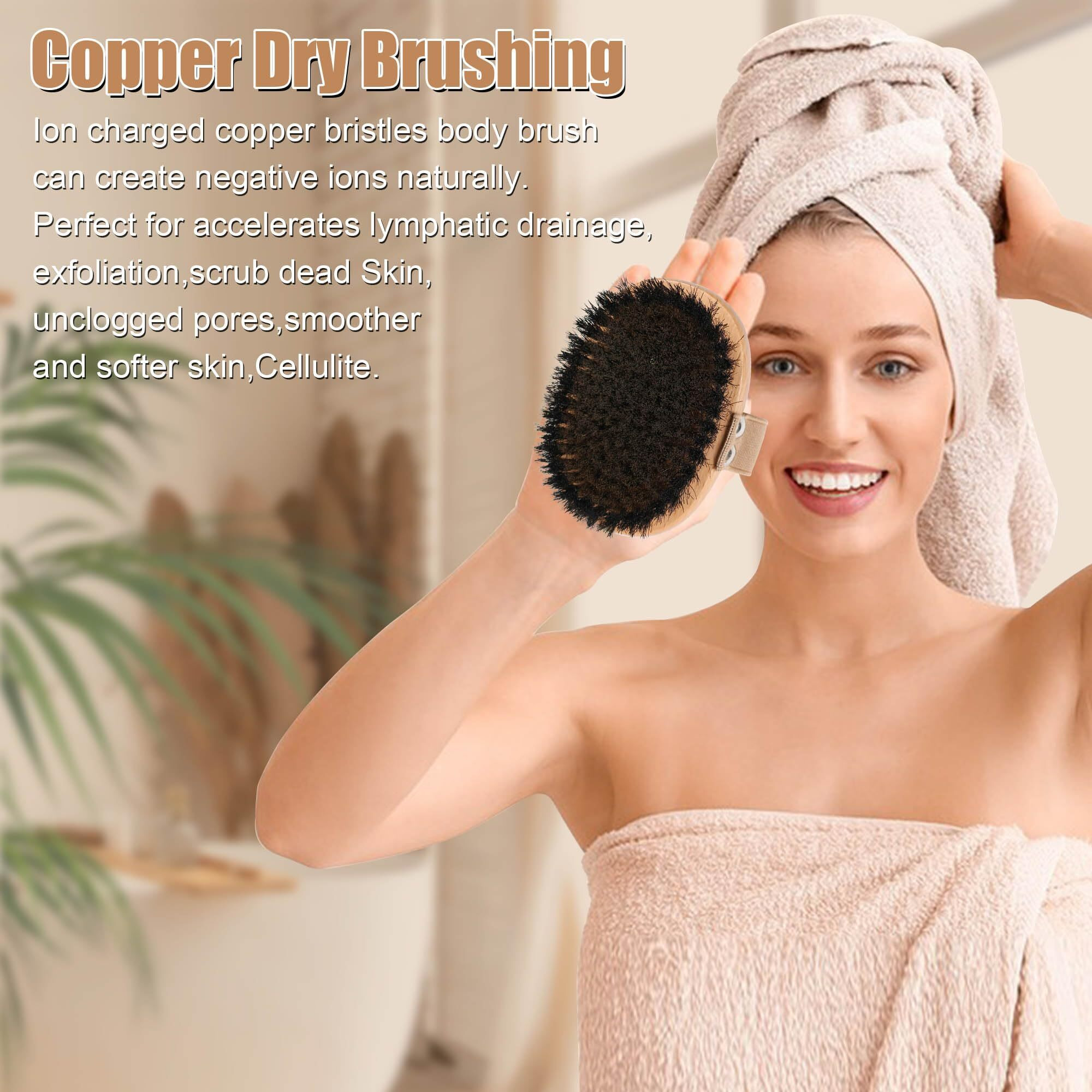 Owiizi Copper Dry Brushing Body Brush With Ion Charged Copper Soft Bristles Antiskid Wooden Exfoliator Massage Body Scrubber