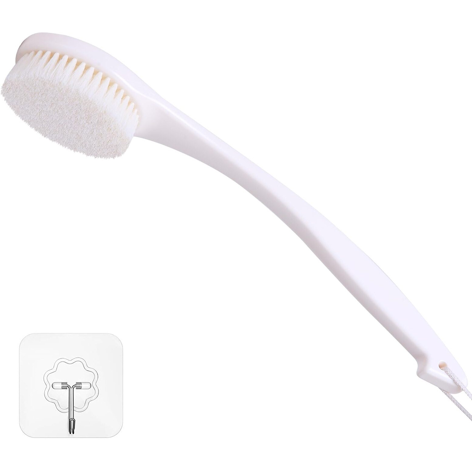 Rolizoe Bath Brush Long Handle For Shower, Soft Bristle Back Scrubber For Shower, Ergonomics Curved Long Handle Back Brush Exfoliating Body Scrubber With Hook And Lanyard-Cream White