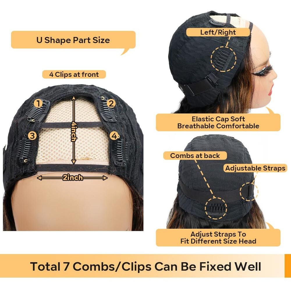 Highlight Ombre U Part Human Hair Wig Body Wave 180% Density U Part Wig Brazilian Virgin Human Hair Wig For Black Women 10A Full Head Clip In Half Wig Glueless No Leave Out Lace Front Wig 26Inch Fb30