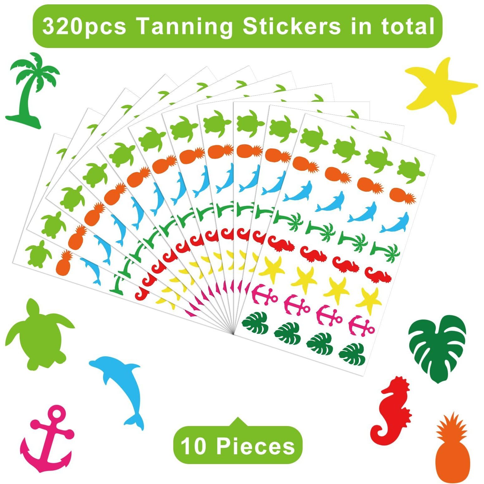 Jarthenaamcs 320Pcs Island Beach Tanning Sunbathing Stickers Colorful Self Adhesive Body Tanning Decals For Summer Beach Outdoor Indoor Salon Party Supplies