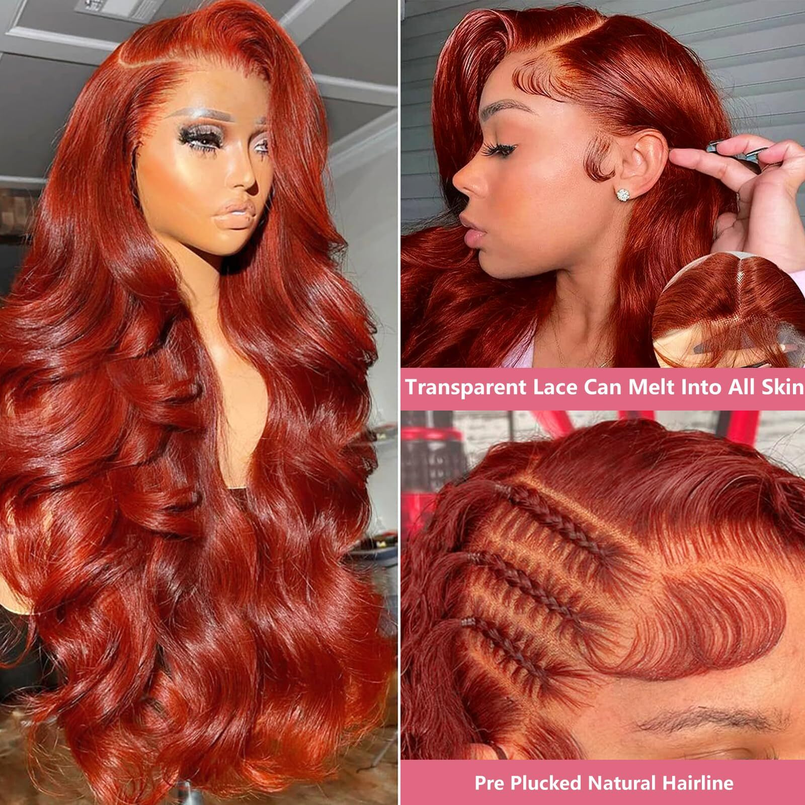 Reddish Brown Wig Human Hair Hidden Strap Glueless 360 Lace Front Wigs Human Hair Pre Plucked 200% Density Auburn Body Wave 360 Full Lace Wigs With Drawstring 26 Inch Colored Wigs For Women