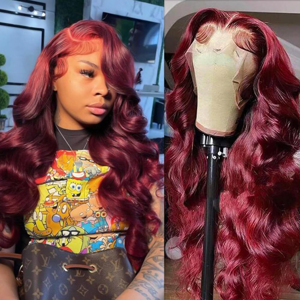 99J Burgundy Lace Front Wigs Human Hair Pre Plucked 13X4 Transparent Hd Lace Frontal Burgundy Wig Human Hair With Baby Hair Colored Wine Red Body Wave Human Hair Wig For Women 180% Density 26 Inch