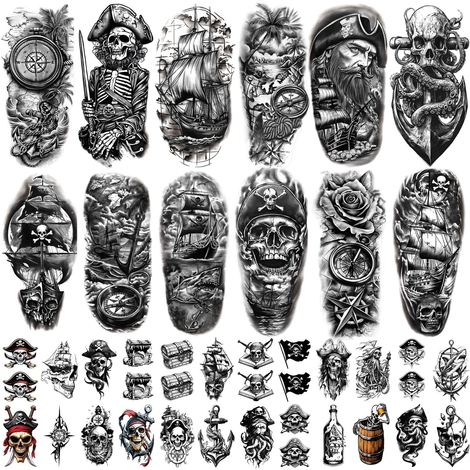 77 Sheets Pirate Skull Temporary Tattoo For Women Men, 17 Sheets Half Arm Large Flower Skeleton Octopus Fake Tattoos, 60 Sheets Anchor Clock Black Tiny For Adult Kids Body Tattoos Stickers Realistic