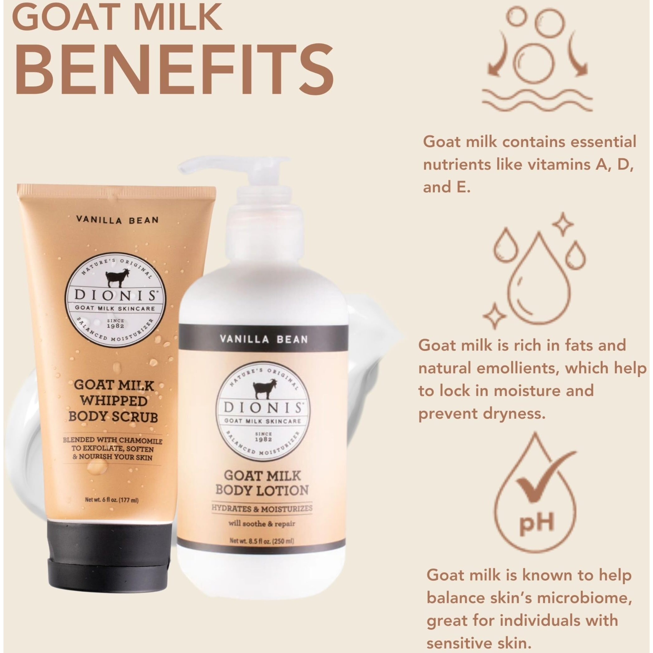 Dionis - Goat Milk Skincare Vanilla Bean Scented Sugar Scrub & Lotion Set (6 Oz And 8.5 Oz) - Made In The Usa - Cruelty-Free And Paraben-Free
