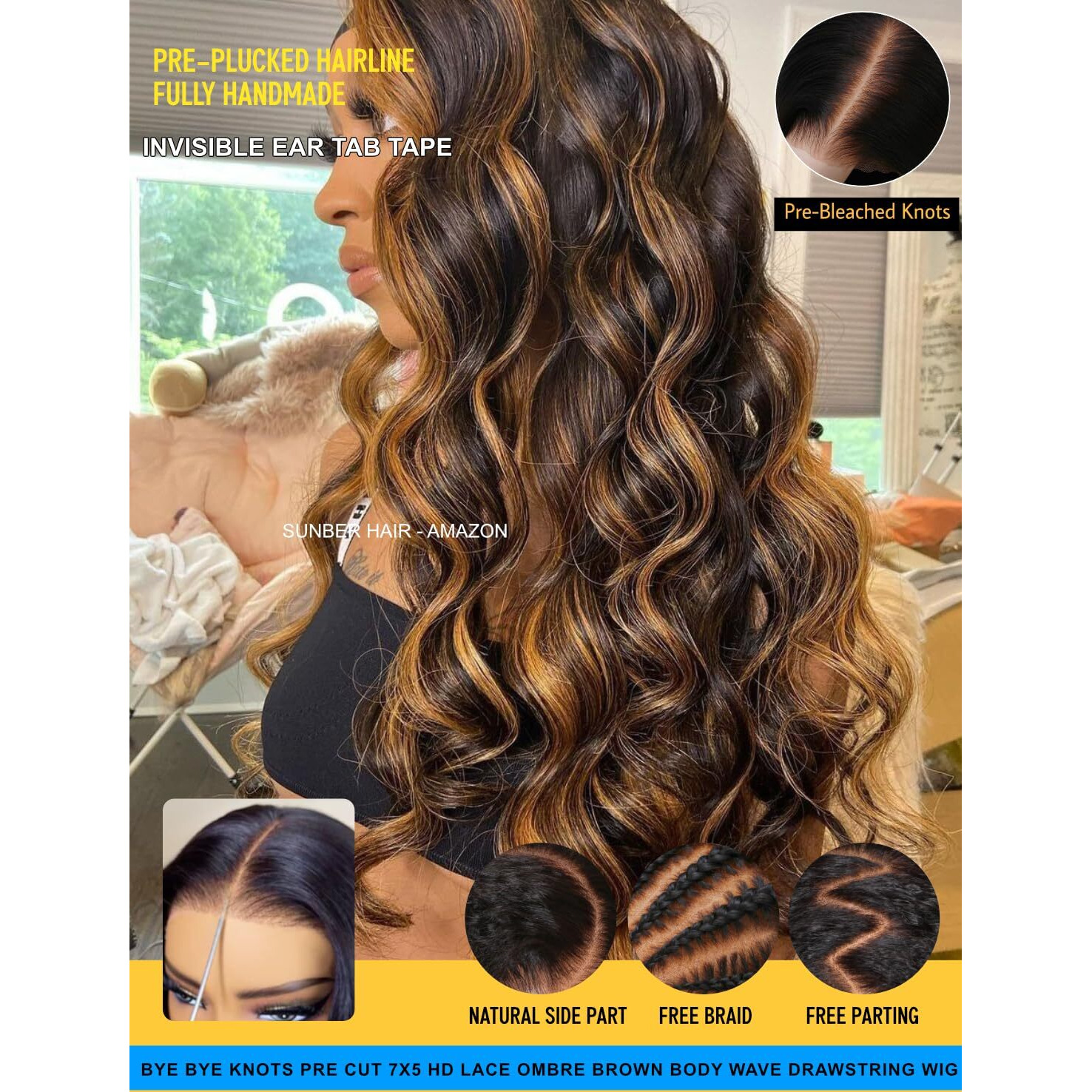 Sunber Ombre Highlight Brown Body Wave Human Hair Glueless Balayage Wigs Pre Cut 7X5 Hd Lace Front With Elastic Drawstring 150% Density Put On And Go Pre Plucked Pre Bleached Invisible Knots 26Inch