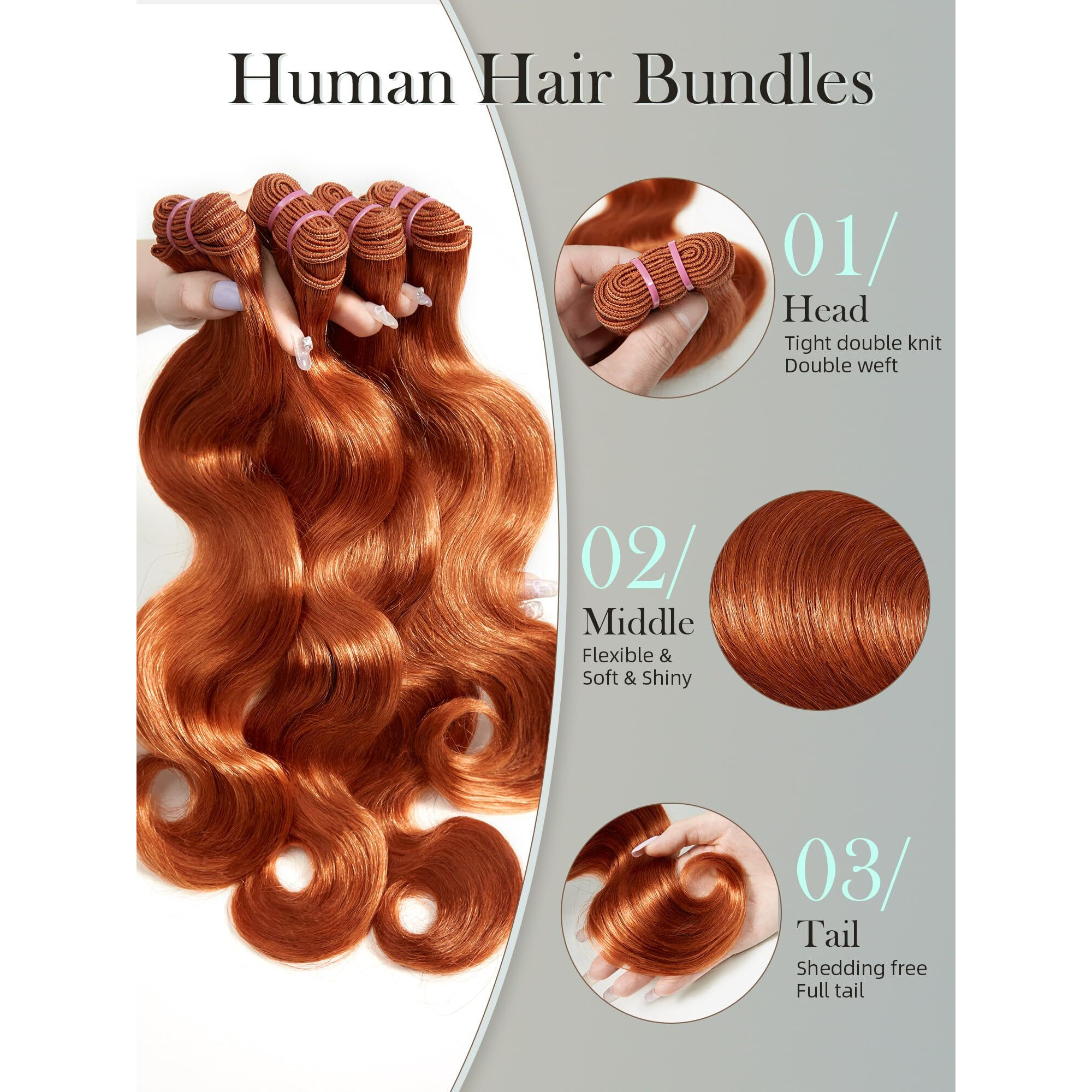 Popvibes Human Hair Bundles 14 16 18 20 Inch 4 Bundles Hair Extensions Body Wave Ginger Orange Bundles Human Hair Brazilian Virgin Unprocessed Hair 350