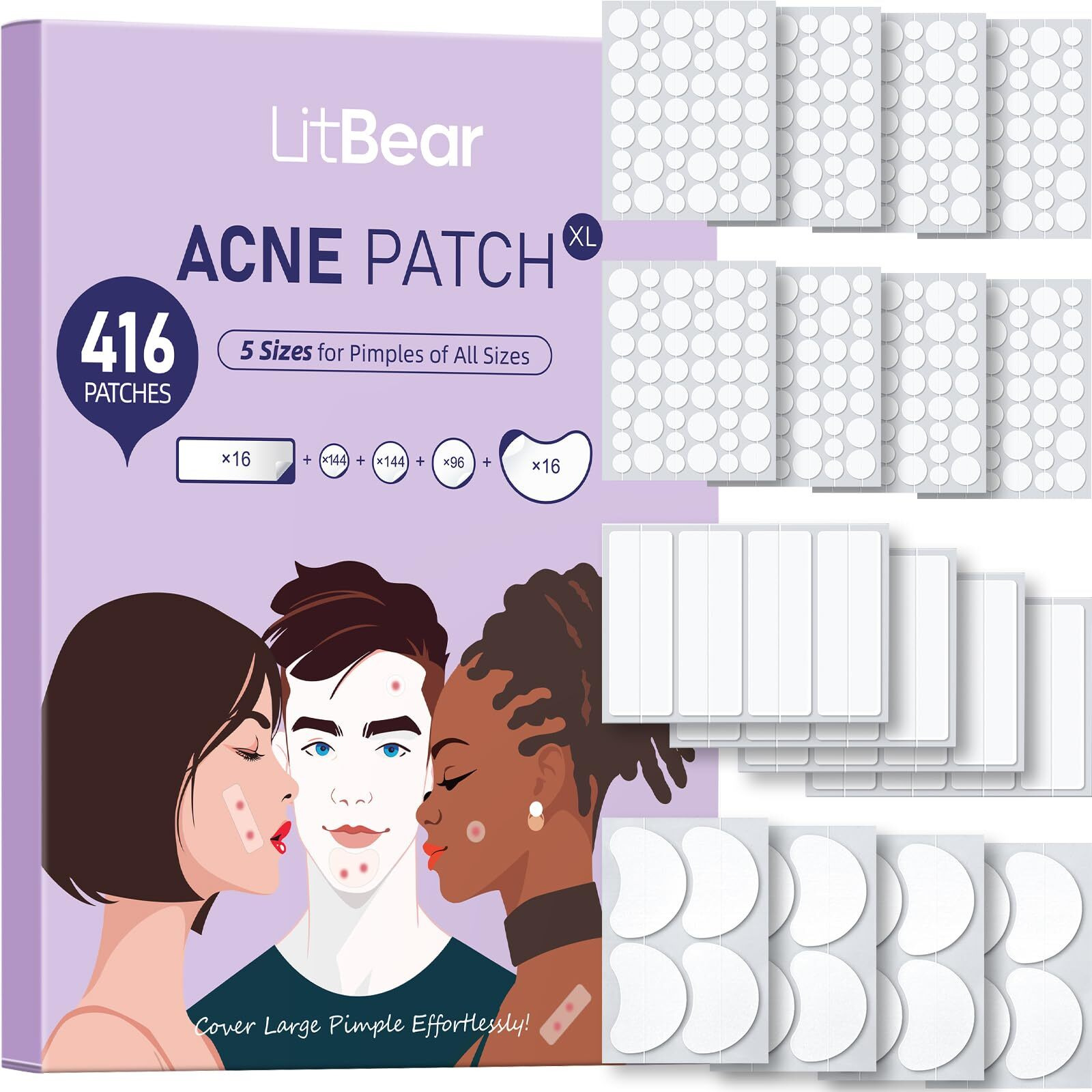 Litbear Large Pimple Patches, 5 Size 416 Count Big Acne Patches For Face, Chin, Forehead And Body, Zit Patches For Dots, Blemishes And Large Breakouts, Hydrocolloid Patch (Xl Strip, Contoured, Round)