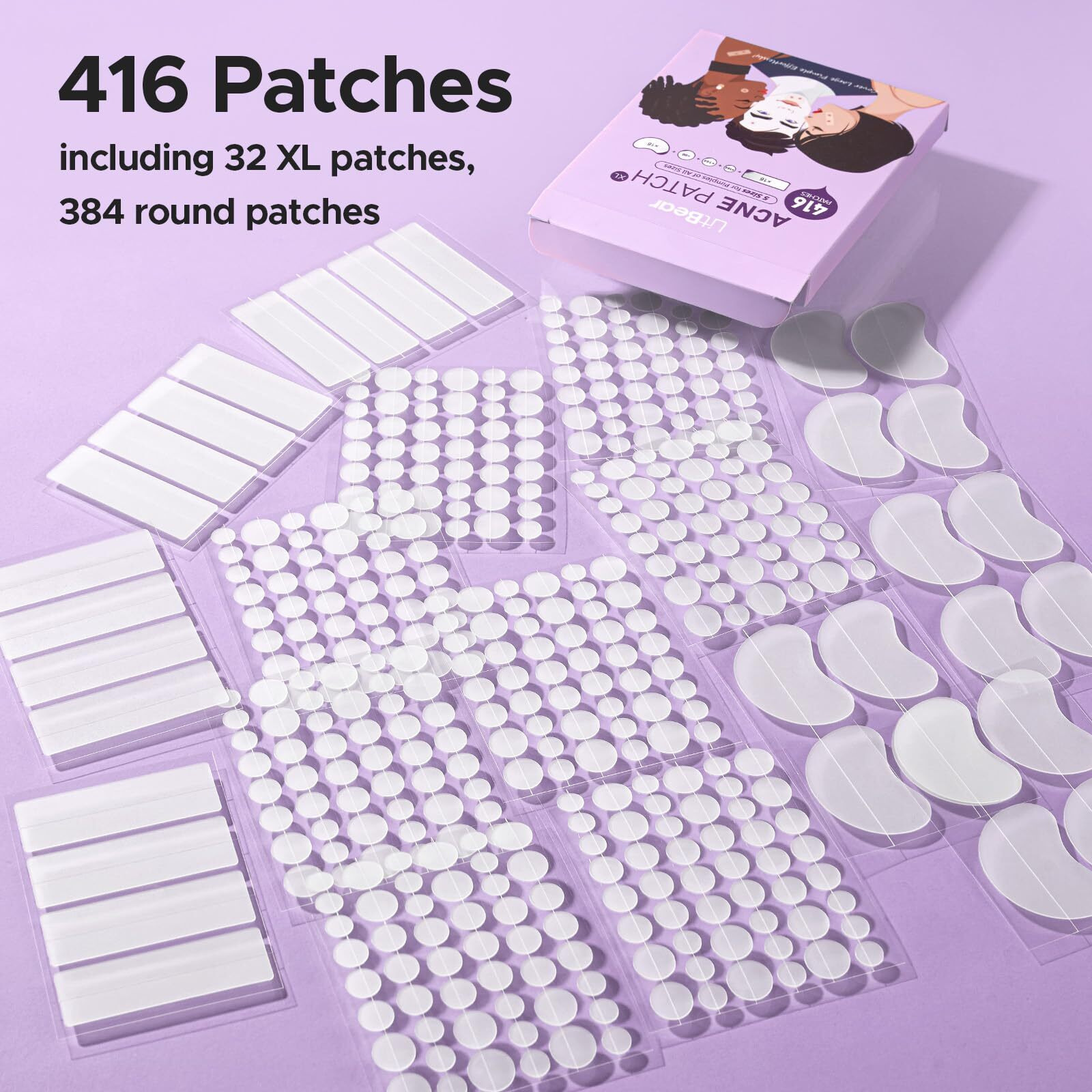 Litbear Large Pimple Patches, 5 Size 416 Count Big Acne Patches For Face, Chin, Forehead And Body, Zit Patches For Dots, Blemishes And Large Breakouts, Hydrocolloid Patch (Xl Strip, Contoured, Round)