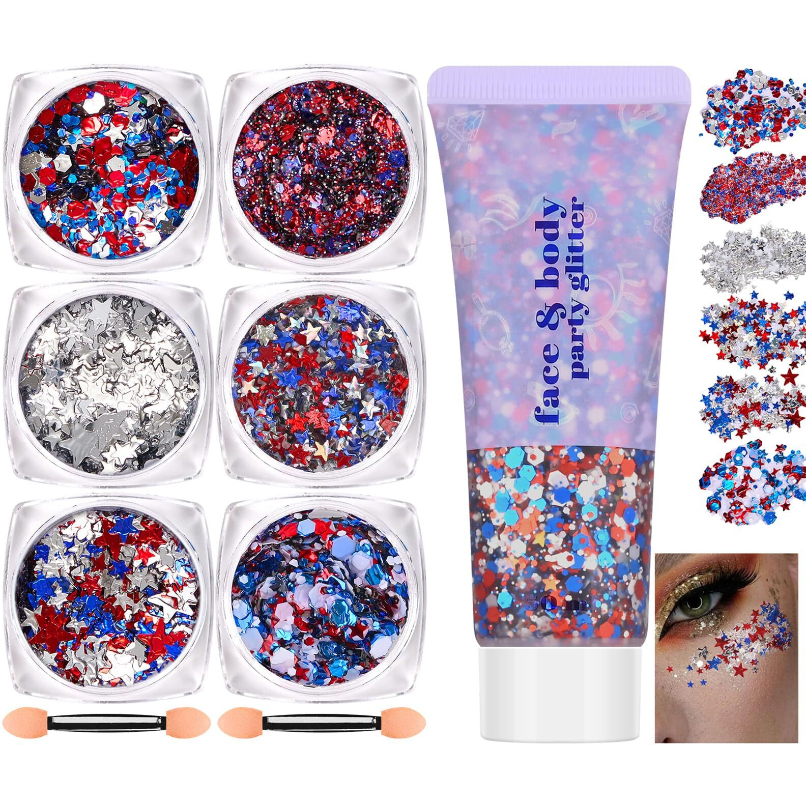 Freeorr Red White Blue Face Body Hair Glitter Gel, Usa Flag Pride 4Th Of July Patriotic Accessories Face Paint Glitter Makeup, 6 Kinds Of Sparkling Sequins For Independence Day Patriotic Veterans Day