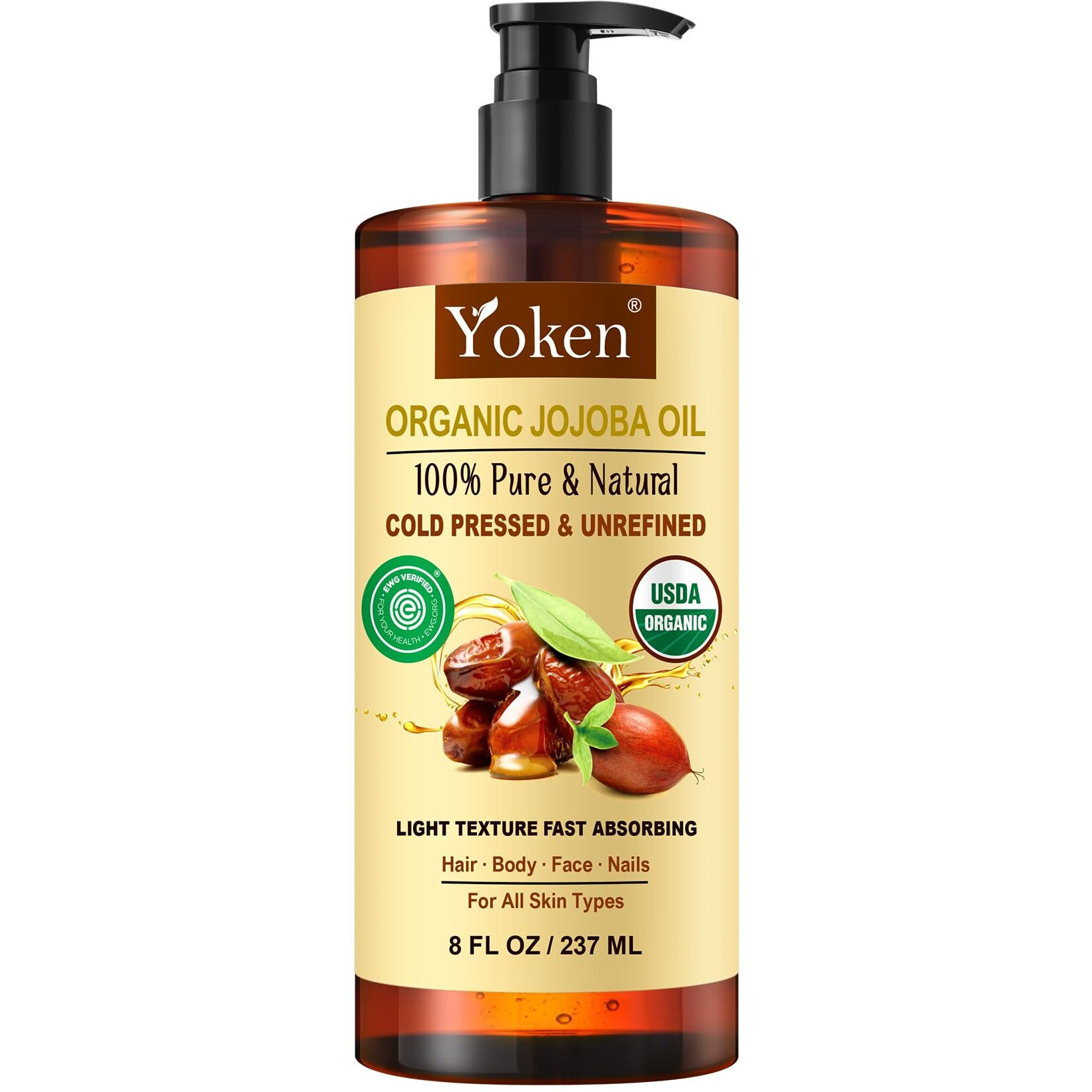 Yoken Usda Organic Jojoba Oil Cold Pressed 8 Fl Oz, 100% Pure & Natural Unrefined Jojoba Oil For Face Hair & Skin Massage, Hexane Free, Deeply Moisturizing Body Carrier Oils Multi-Purpose Serum