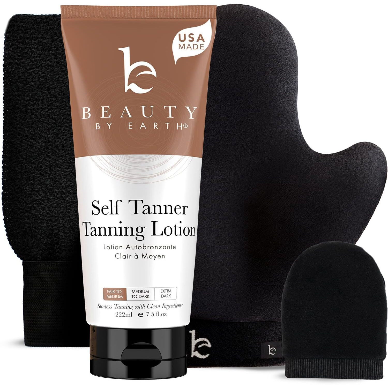 Self Tanner Kit - Usa Made With Organic & Natural Ingredients, Tanning Lotion With Glove & Exfoliating Mitt, Non Toxic Gradual Tan Lotion, Sunless Tanner For Fake Tan, Streak Free & No Orange Tones