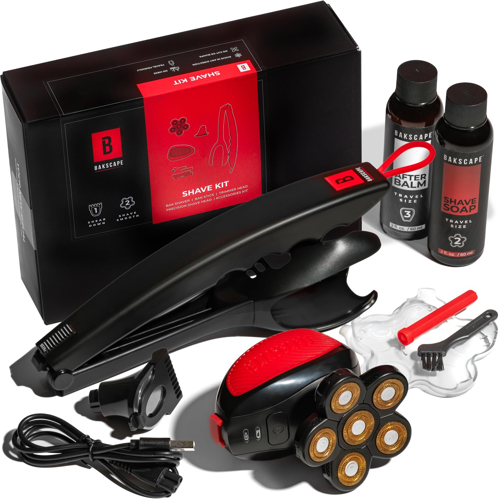 Bakscape Men's Back Shaver Starter Kit 2.0, Electric Body & Back Shaver For Men With Friction Fit Handle & Titanium-Coated Shave Head- Includes 2 Shave Heads, Handle, Shave Soap & After Balm