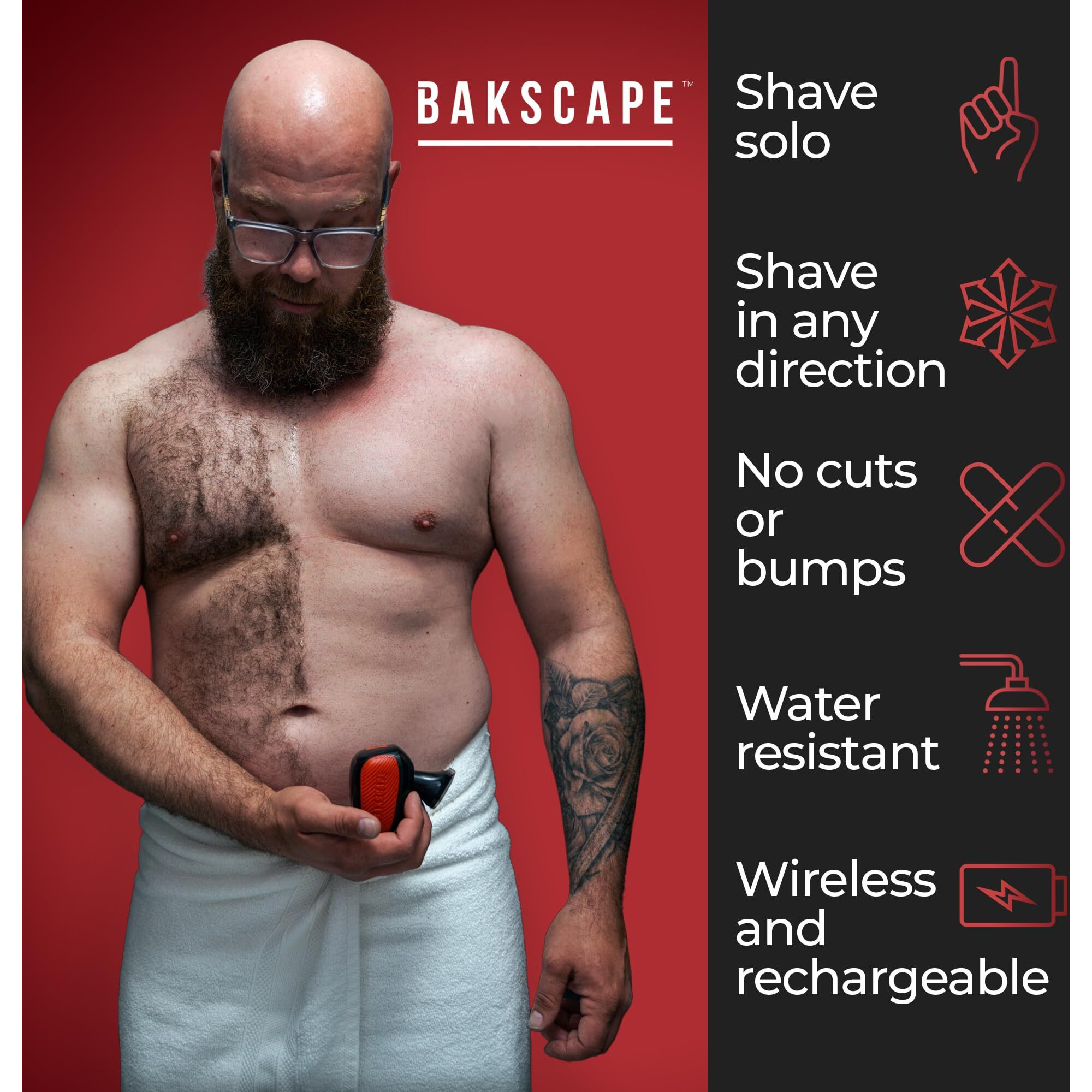 Bakscape Men's Back Shaver Starter Kit 2.0, Electric Body & Back Shaver For Men With Friction Fit Handle & Titanium-Coated Shave Head- Includes 2 Shave Heads, Handle, Shave Soap & After Balm