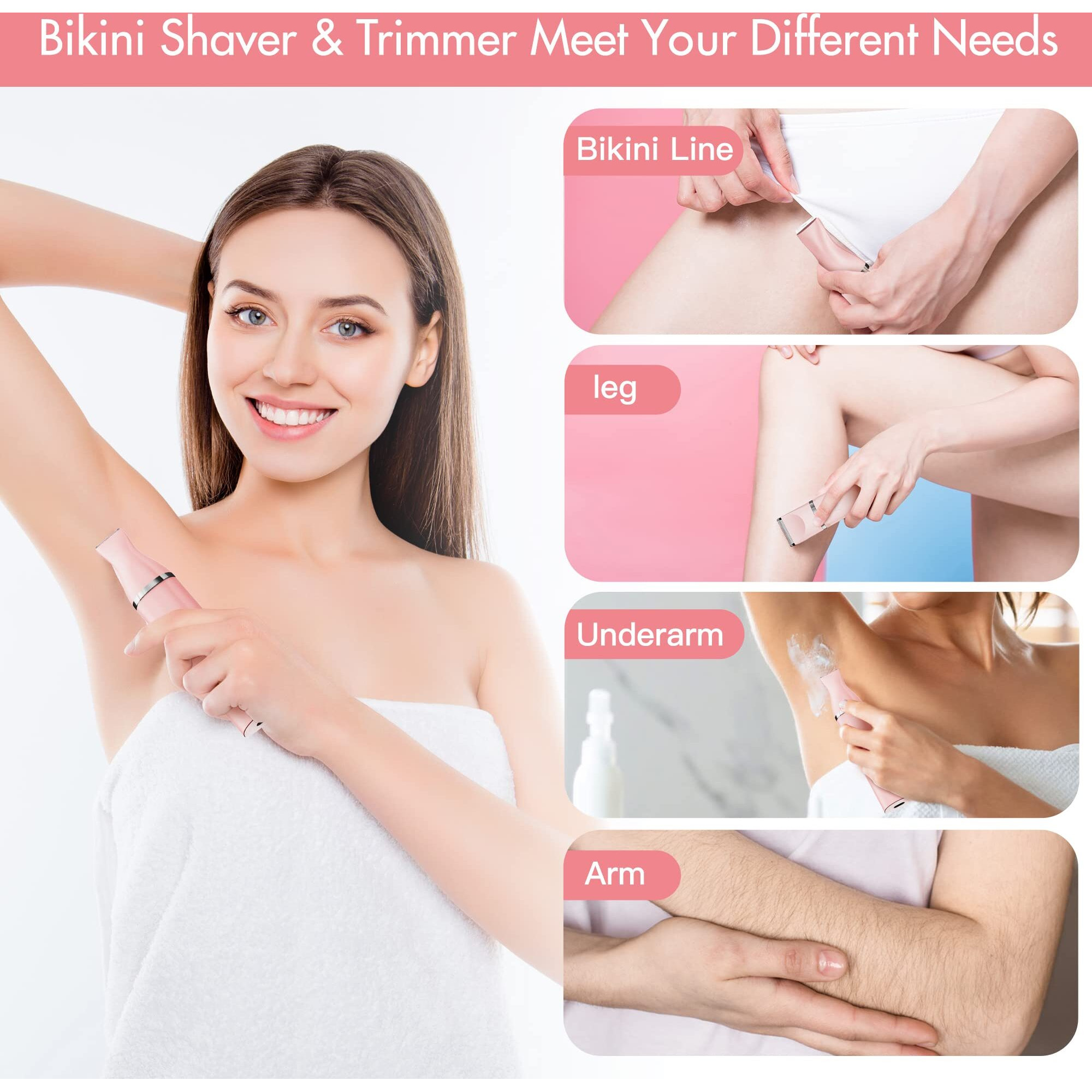 Aibrit Pro Electric Bikini Trimmer For Women - 2 In 1 Electric Lady Pubic Hair Groomer Painless Hair Removal Razor Body Shaver, Portable Ladies Shaver With 2 Trimmer Heads, Ipx7 Waterproof
