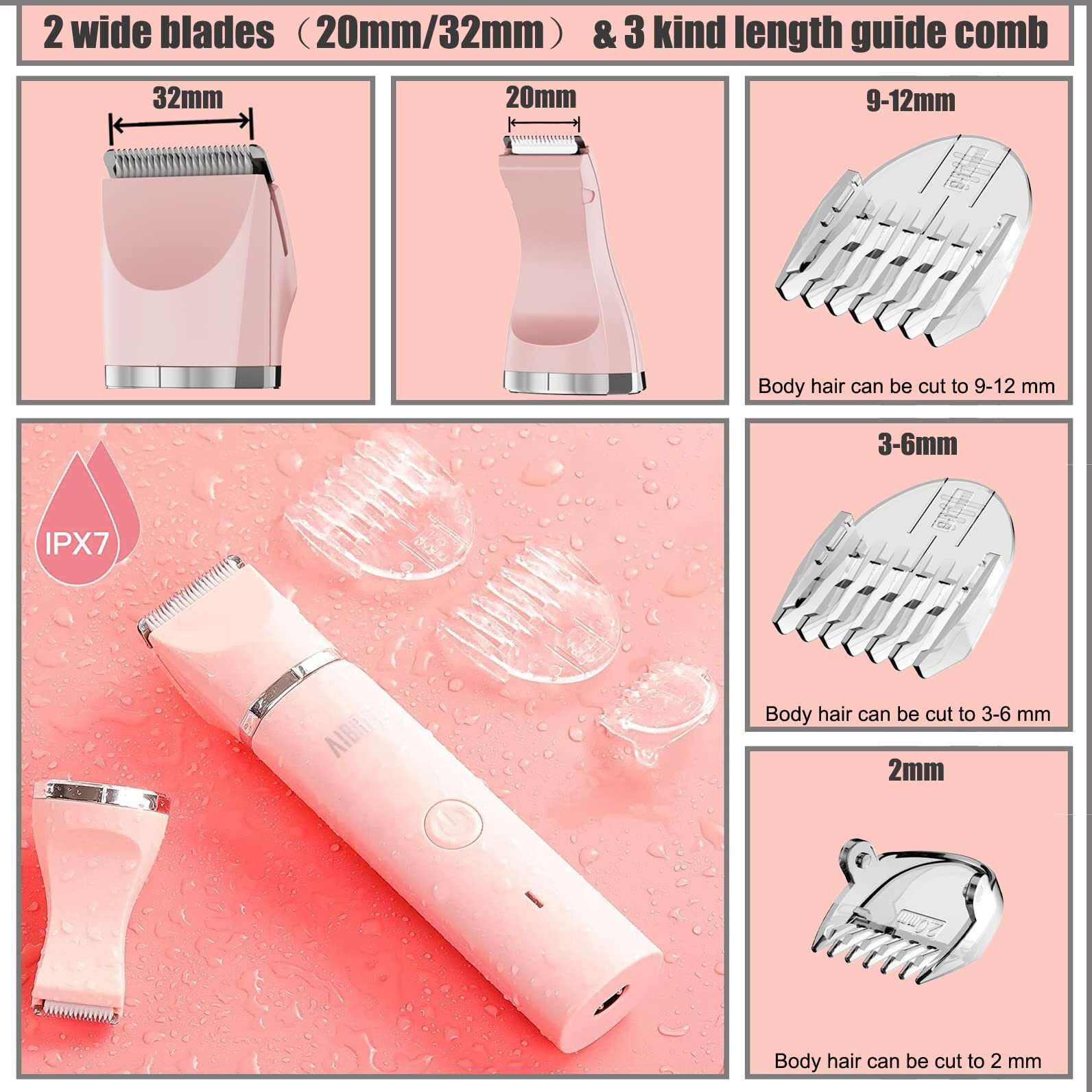Aibrit Pro Electric Bikini Trimmer For Women - 2 In 1 Electric Lady Pubic Hair Groomer Painless Hair Removal Razor Body Shaver, Portable Ladies Shaver With 2 Trimmer Heads, Ipx7 Waterproof