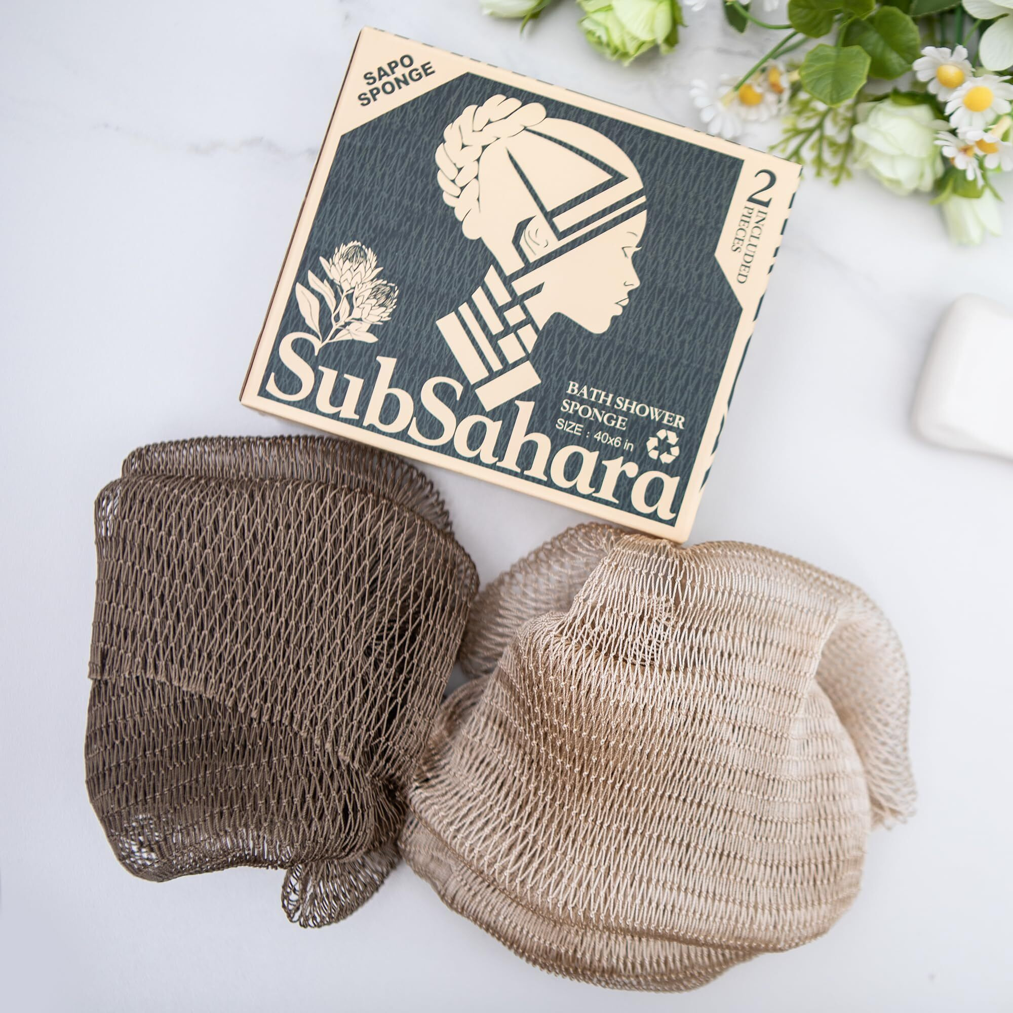 Subsahara Authentic African Net Sponge - 2 Pieces Exfoliating Scrubber For All Skin Types, Bath Sponge For Face & Body, Travel Portable, Durable, Gentle Exfoliation (Linen & Brown)