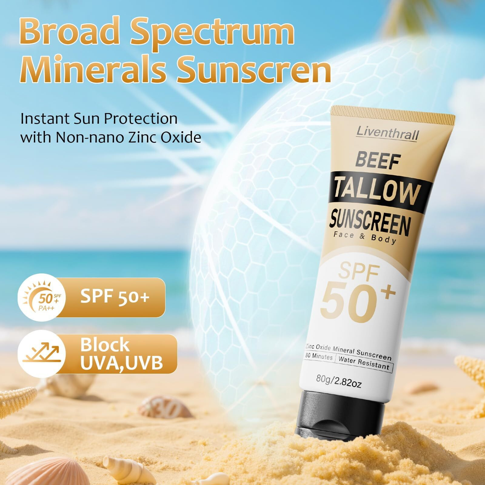 Mineral Sunscreen With Non-Toxic Zinc Oxide Spf 50, Organic Natural Beef Tallow Sunblock With Honey Beeswax, Non Greasy Formula For Face, Body And Skin - Women And Men, 2.82 Oz (80G)
