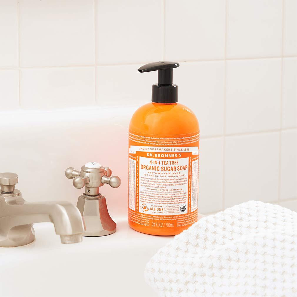 Dr. Bronner's - Organic Sugar Soap (Tea Tree, 24 Ounce) - Made With Organic Oils, Sugar And Shikakai Powder, 4-In-1 Uses Hands, Body, Face And Hair, Cleanses, Moisturizes And Nourishes, Vegan