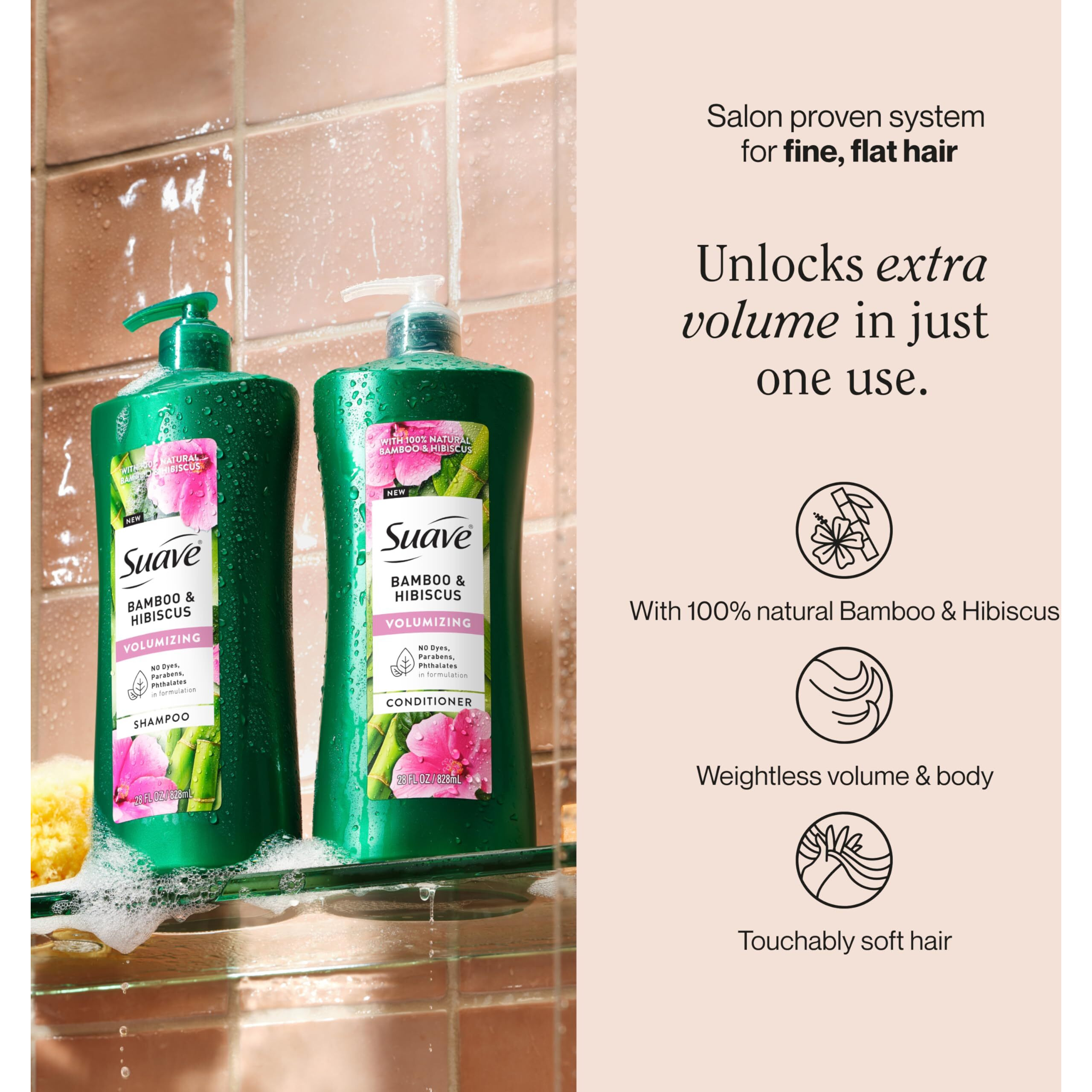 Suave Bamboo & Hibiscus Volumizing Shampoo, For Fine And Flat Hair, Salon Proven System For Boosting Hair Volume And Body, 28 Oz, 4 Pack