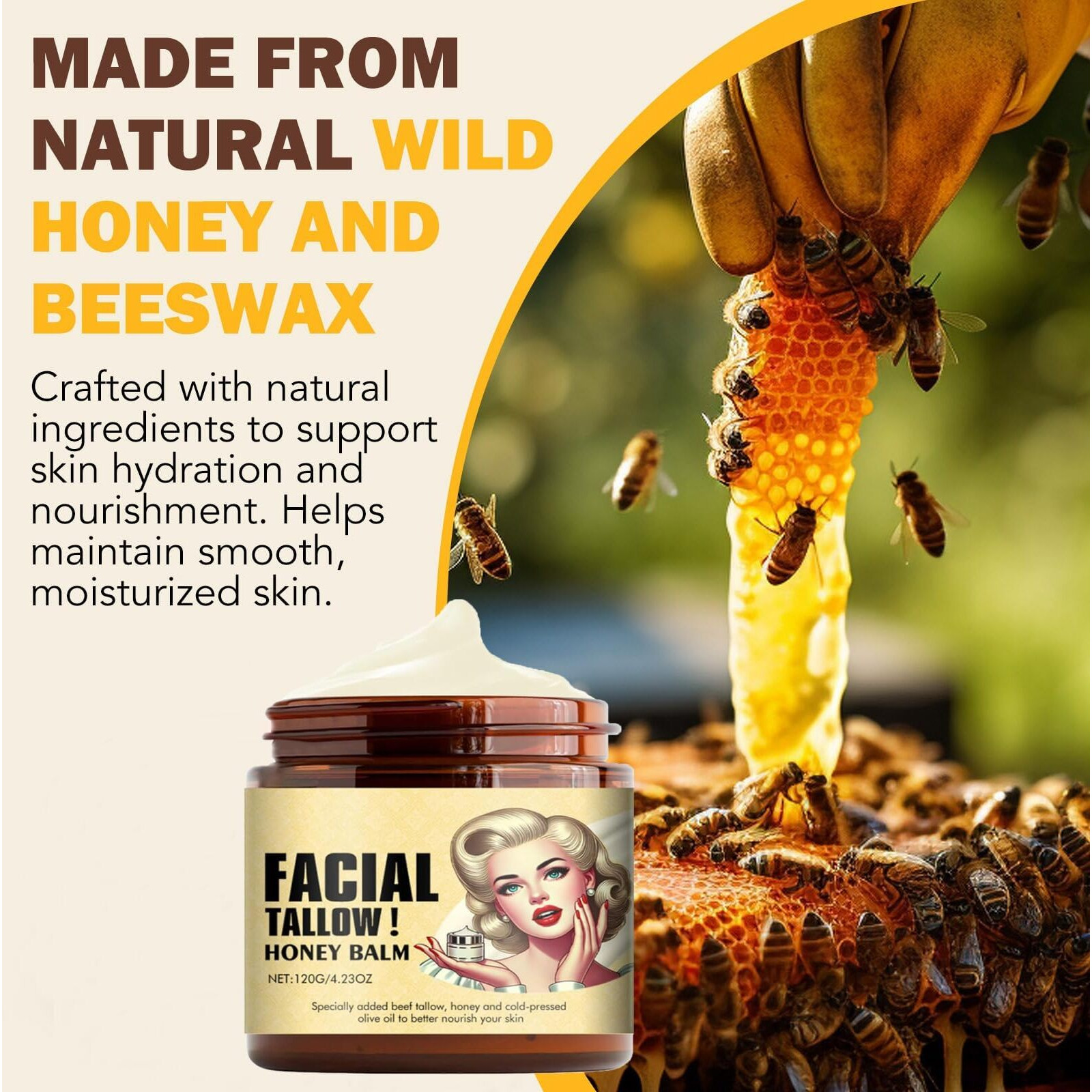 Cebo De Res Para La Cara Original,Sebo De Res Para La Cara,Grass B  Lsamo De Sebo De Vacuno Ecol  Gico, Honey Face And Body Cream, Natural Moisturizer, 120G/4.23Oz - Whipped Hydration For Dry Skin