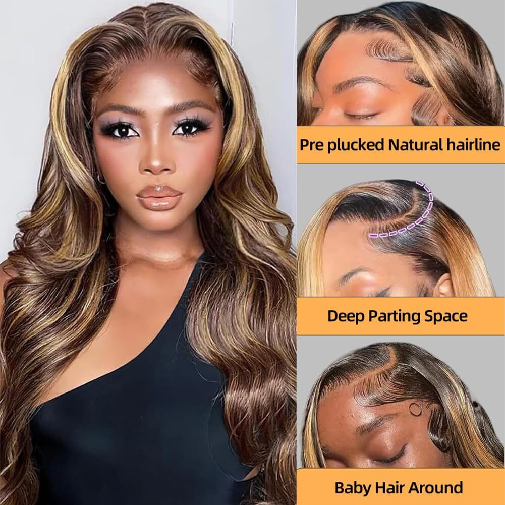 Sunelk 32 Inch Ombre Lace Front Wigs Human Hair Highlight Wig Human Hair 200% Density 4/27 Honey Blonde Body Wave Lace Front Wigs Human Hair Pre Plucked 13X6 Hd Lace Frontal Glueless Wig For Women