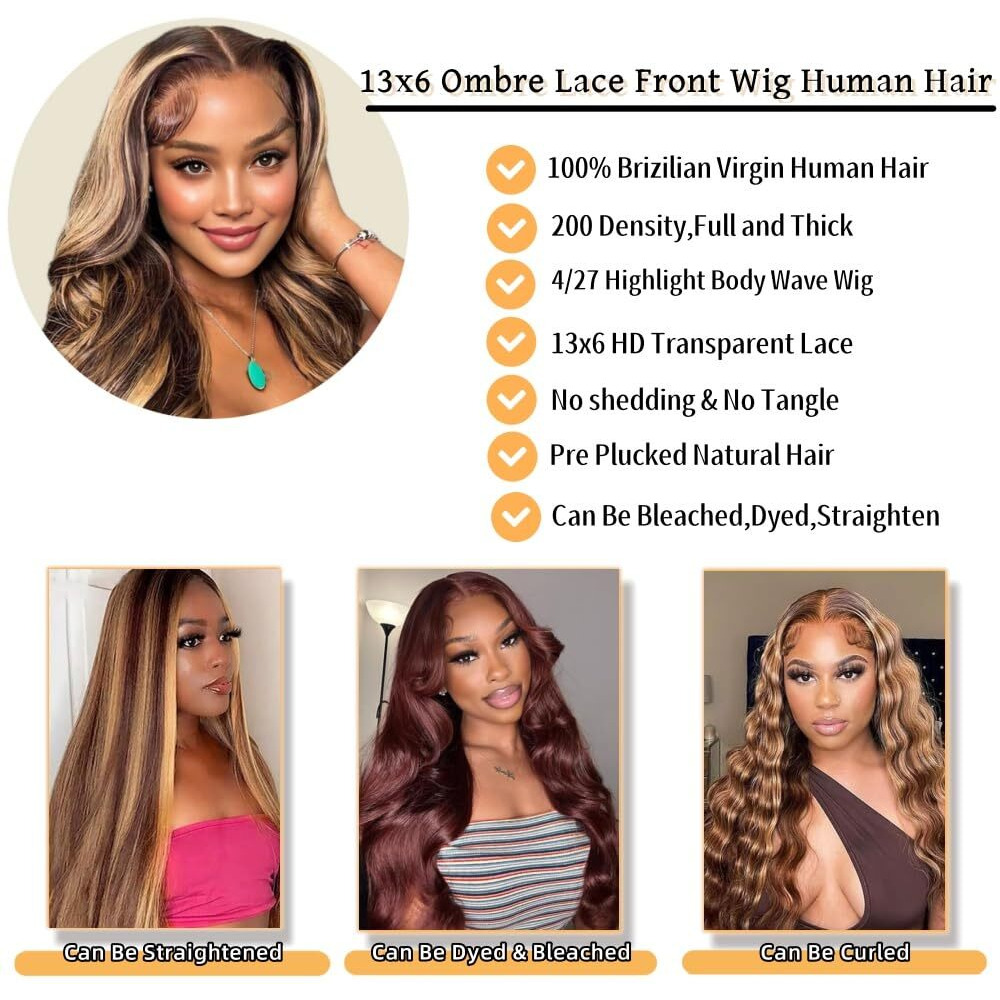 Sunelk 32 Inch Ombre Lace Front Wigs Human Hair Highlight Wig Human Hair 200% Density 4/27 Honey Blonde Body Wave Lace Front Wigs Human Hair Pre Plucked 13X6 Hd Lace Frontal Glueless Wig For Women