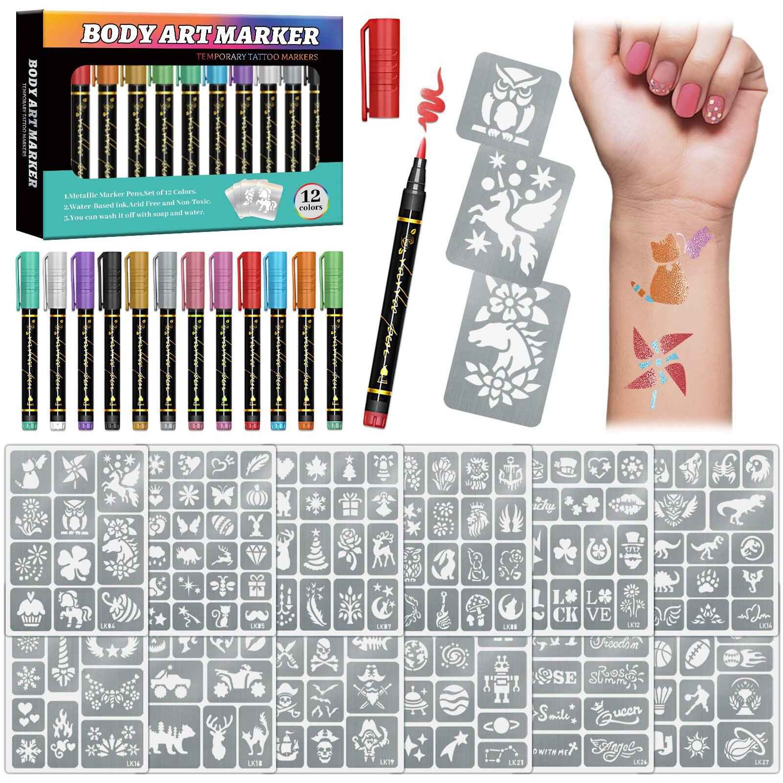 Temporary Tattoo Markers For Skin, 12 Metal Body Markers + 169 Large Tattoo Stencils For Kids Adults, Flexible Brush Tip, Bright Colors, Cosmetic-Grade Tattoo Ink, Diy Body Art Painting For Women Men