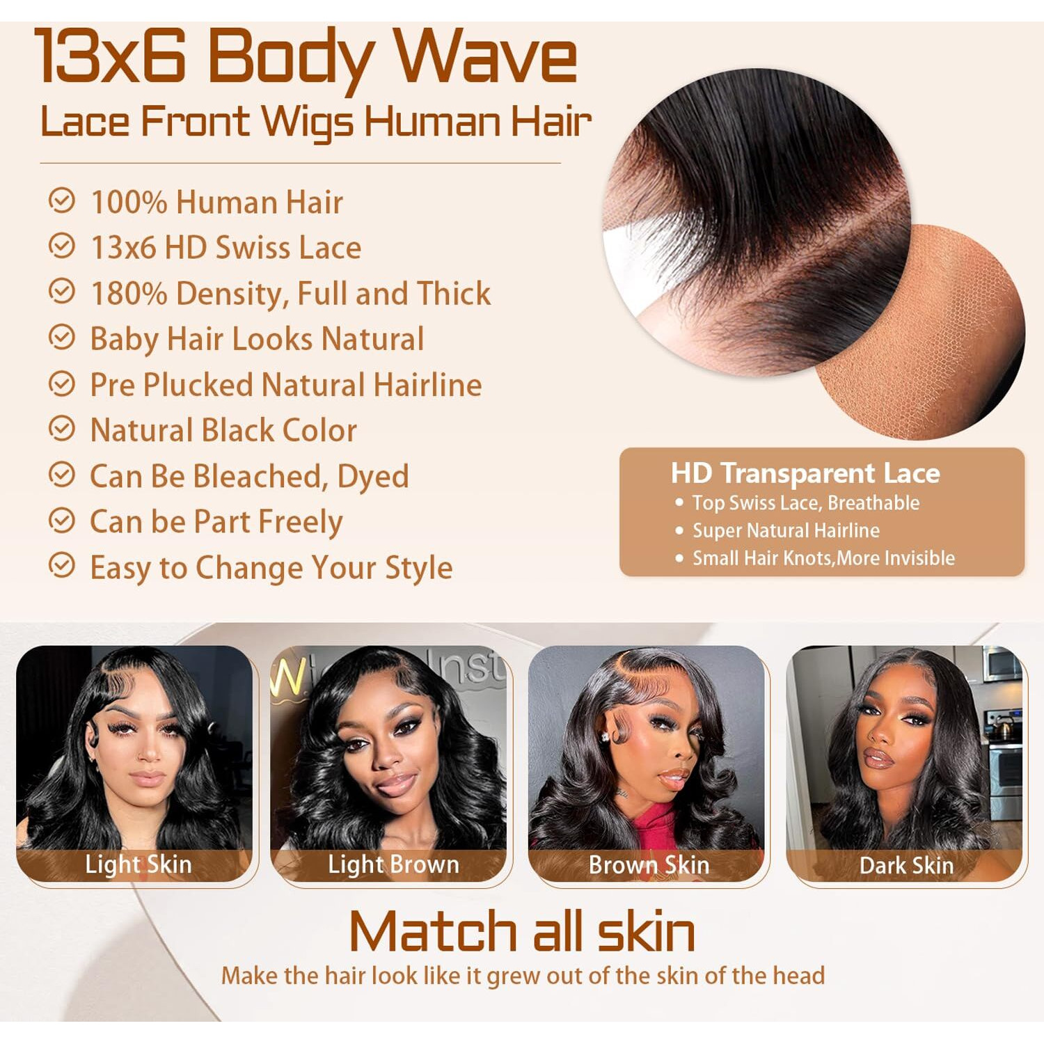 Wolfay 34 Inch 13X6 Hd Lace Front Wigs Human Hair Body Wave 13X6 Transparent Frontal Wigs Human Hair Pre Plucked Natural Hairline 180% Density Glueless Wig For Women Daily Party Natural Black
