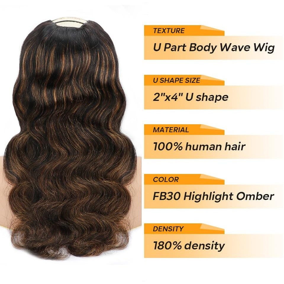 Highlight Ombre U Part Human Hair Wig Body Wave 180% Density U Part Wig Brazilian Virgin Human Hair Wigs For Black Women Full Head Clip In Half Wigs Glueless No Leave Out Lace Front Wig 28Inch Fb30