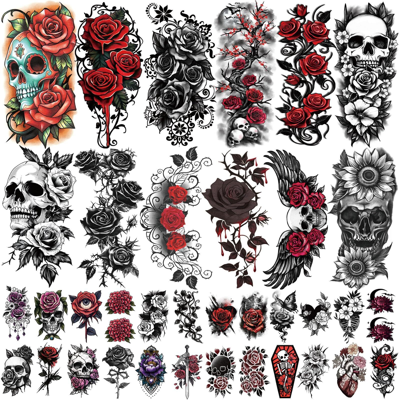 77 Sheets Flowers Skeleton Skull Temporary Tattoo For Women Men, 17 Half Arm Dark Gothic Punk Rocker Butterfly Fake Tattoos, 60 Scary Halloween Cosplay Tiny Adult Kid Body Tattoos Stickers Realistic