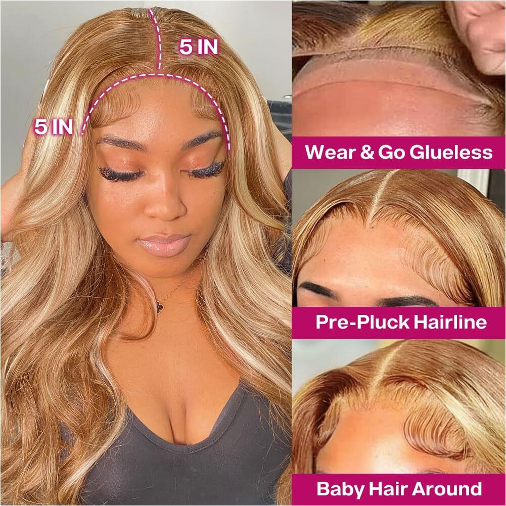 Ailwelia Highlight Ombre 5X5 Body Wave Hd Lace Closure Wigs Human Hair Bob Wig For Black Women Wear And Go Glueless Bob Wig 200% Density Glueless Wigs Human Hair Bob With Baby Hair 18 Inch