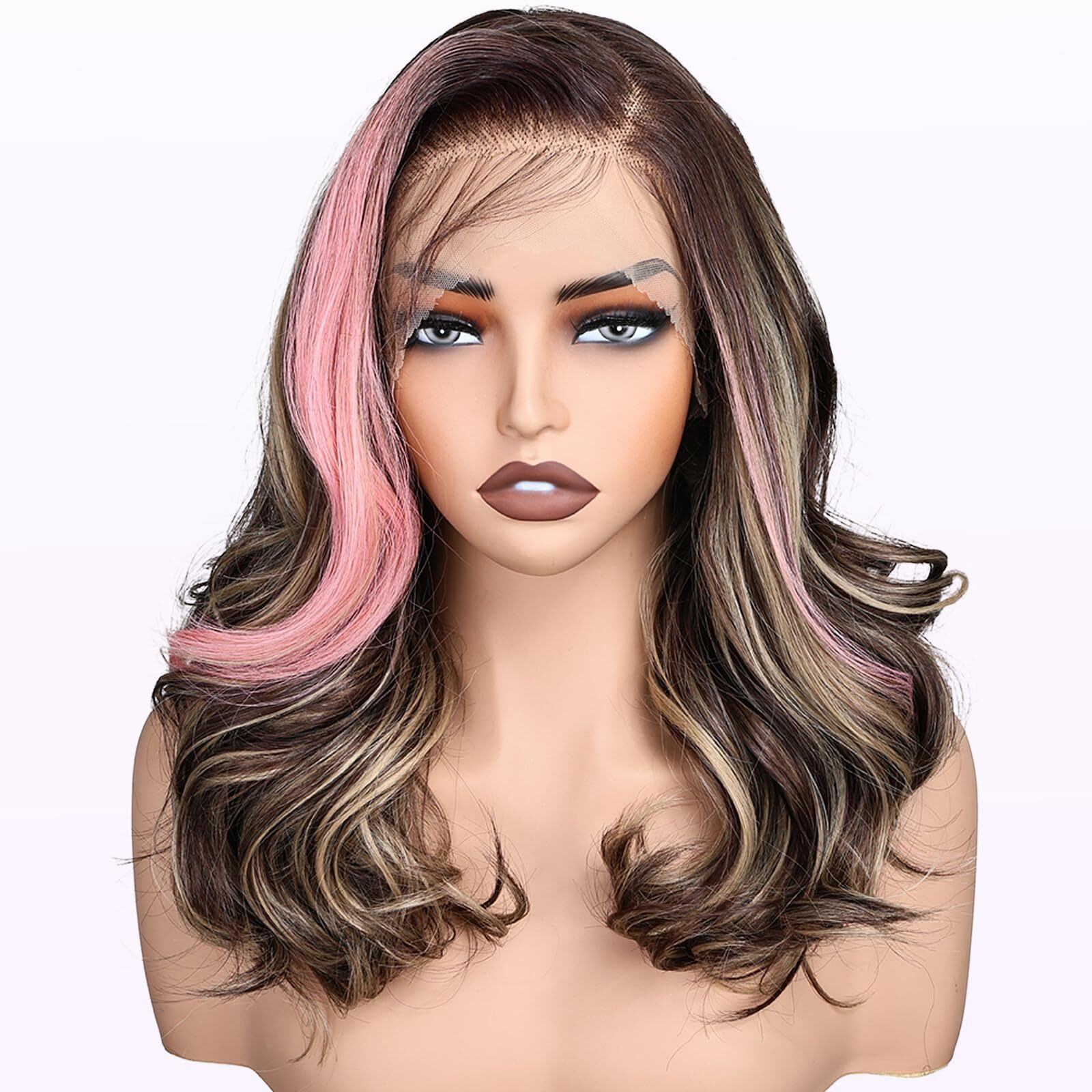 Sisgrace 13  6 Pre Plucked Hd Lace Front Wigs Pre Layered Body Wave Natural Hairline Synthetic Glueless Wigs For Women 18 Inch Tiny Knots Lace Bob Wigs (Pink Highlight)