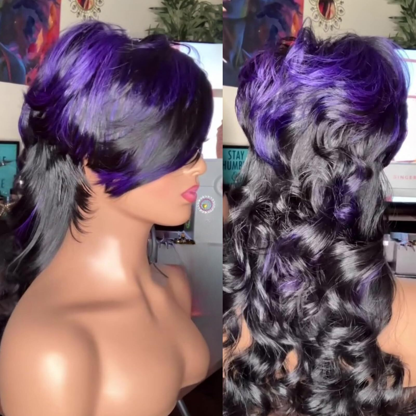 Saeiall Mullet Wig For Black Women Human Hair Pixie Cut Wig Long Body Wave Mullet None Lace Front Haircut Glueless Wigs Layered Haircut Wigs For Women (Black With Purple, 18Inch)