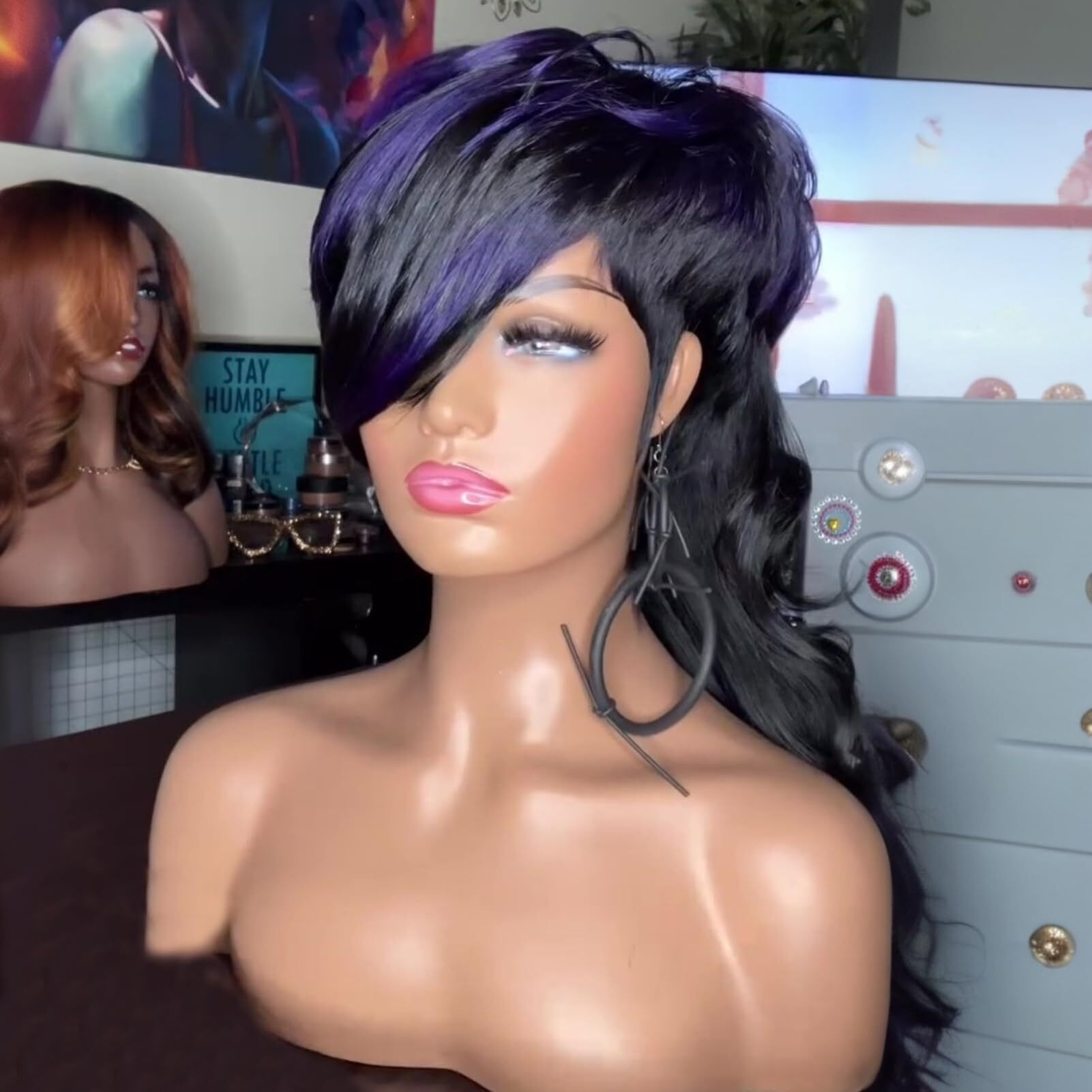 Saeiall Mullet Wig For Black Women Human Hair Pixie Cut Wig Long Body Wave Mullet None Lace Front Haircut Glueless Wigs Layered Haircut Wigs For Women (Black With Purple, 18Inch)