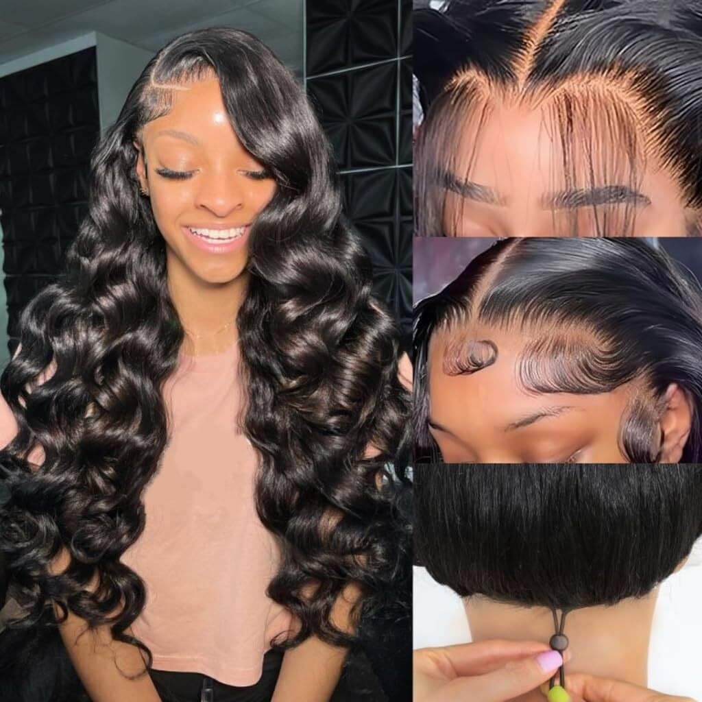 26 Inch 13X6 Body Wave Lace Front Wigs Human Hair 200 Density Hd Transparent Lace Frontal Wigs Human Hair Elastic Drawstring Glueless Wigs Human Hair Wig For Black Women (Black, 26 Inch, Body)