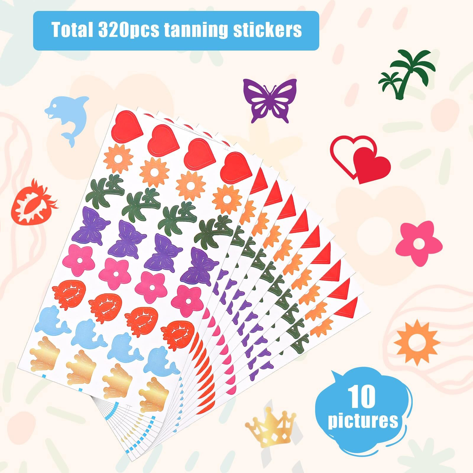 320Pcs Tanning Stickers For Body, 9.8 X 5.5Inch Self-Adhesive Tan Tattoo Sunbathing Decal 8 Styles Suntan Bed Sticker Sun Shaping Patch For Summer Holiday Beach Essential Stuff Supply Accessories