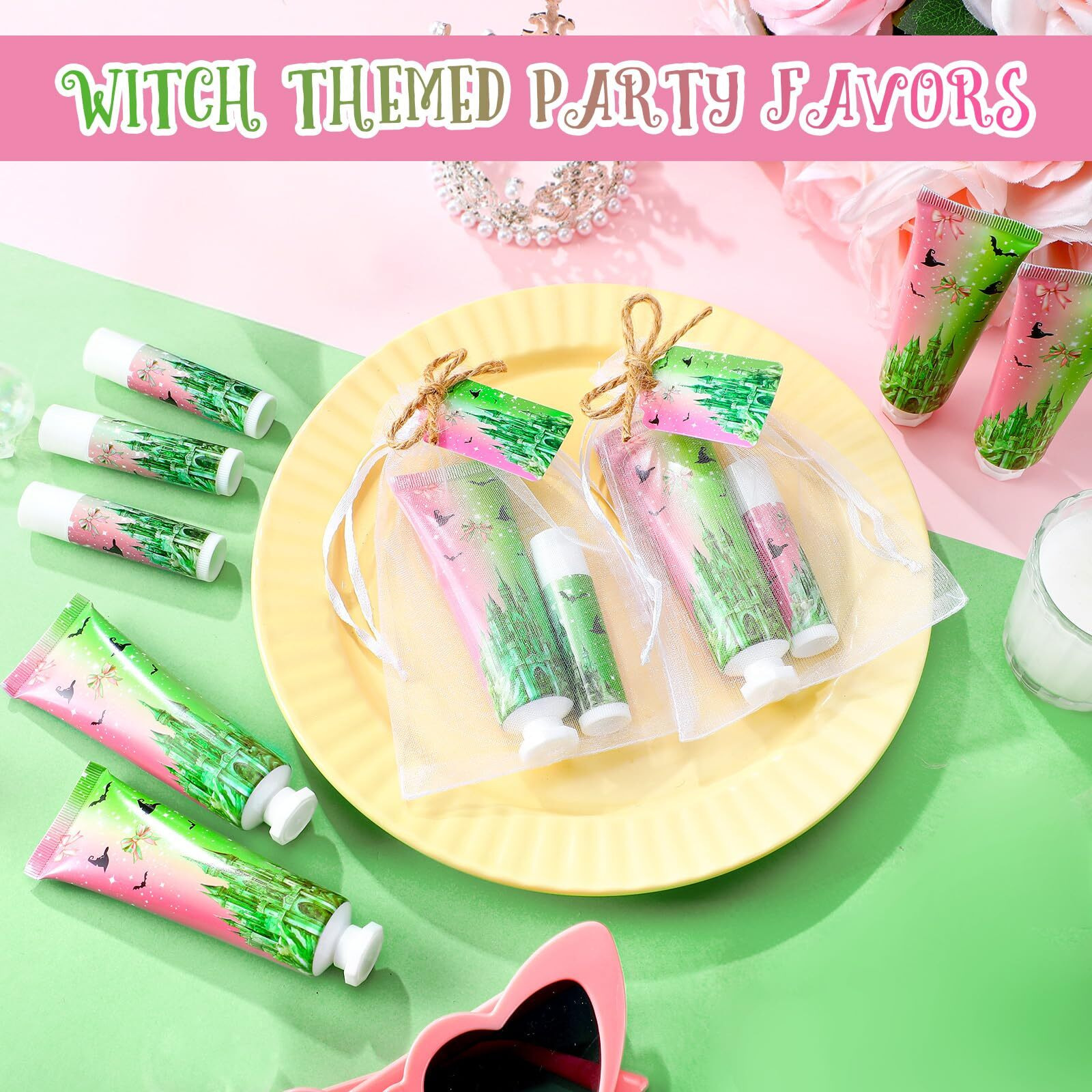 Dansib 24 Sets Pink And Green Witch Party Favors Hand Cream And Lip Balm Gift Witch Birthday Party Decorations Halloween Favors For Guest Travel Size Hand Lotion And Lip Balm With Organza Bags Tags