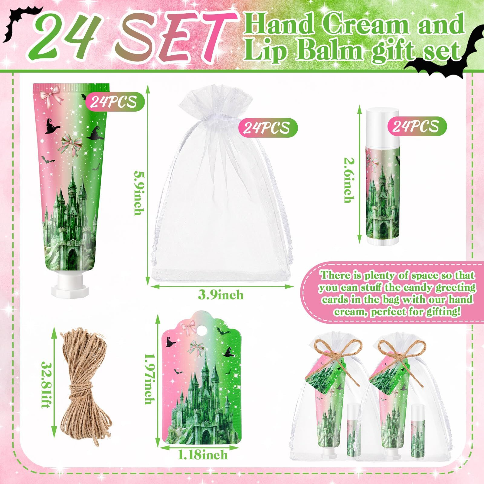 Dansib 24 Sets Pink And Green Witch Party Favors Hand Cream And Lip Balm Gift Witch Birthday Party Decorations Halloween Favors For Guest Travel Size Hand Lotion And Lip Balm With Organza Bags Tags