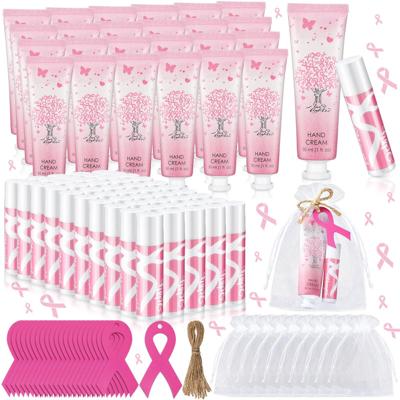 Dansib 24 Sets Breast Cancer Awareness Favors Breast Cancer Hand Cream And Lip Balm Gift For Women Pins Pink Ribbon Travel Size Hand Lotion And Lip Balm Bulk With Organza Bags Tags Awareness Gifts