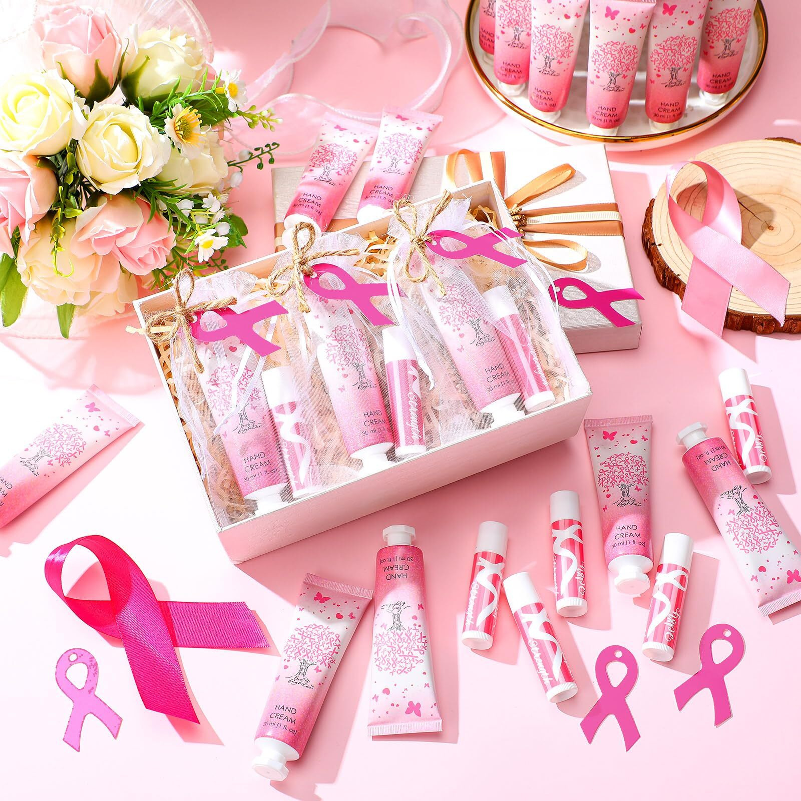 Dansib 24 Sets Breast Cancer Awareness Favors Breast Cancer Hand Cream And Lip Balm Gift For Women Pins Pink Ribbon Travel Size Hand Lotion And Lip Balm Bulk With Organza Bags Tags Awareness Gifts