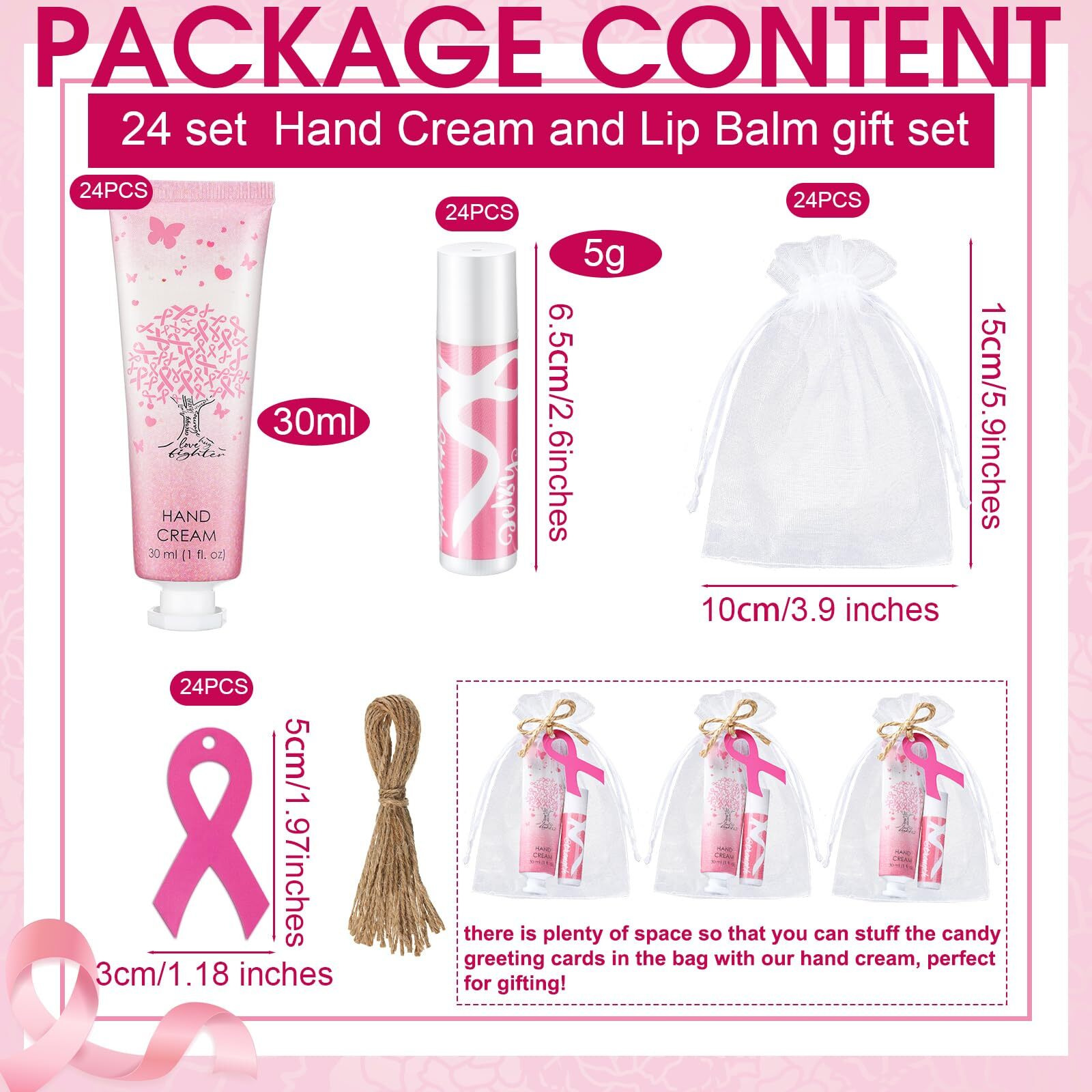 Dansib 24 Sets Breast Cancer Awareness Favors Breast Cancer Hand Cream And Lip Balm Gift For Women Pins Pink Ribbon Travel Size Hand Lotion And Lip Balm Bulk With Organza Bags Tags Awareness Gifts